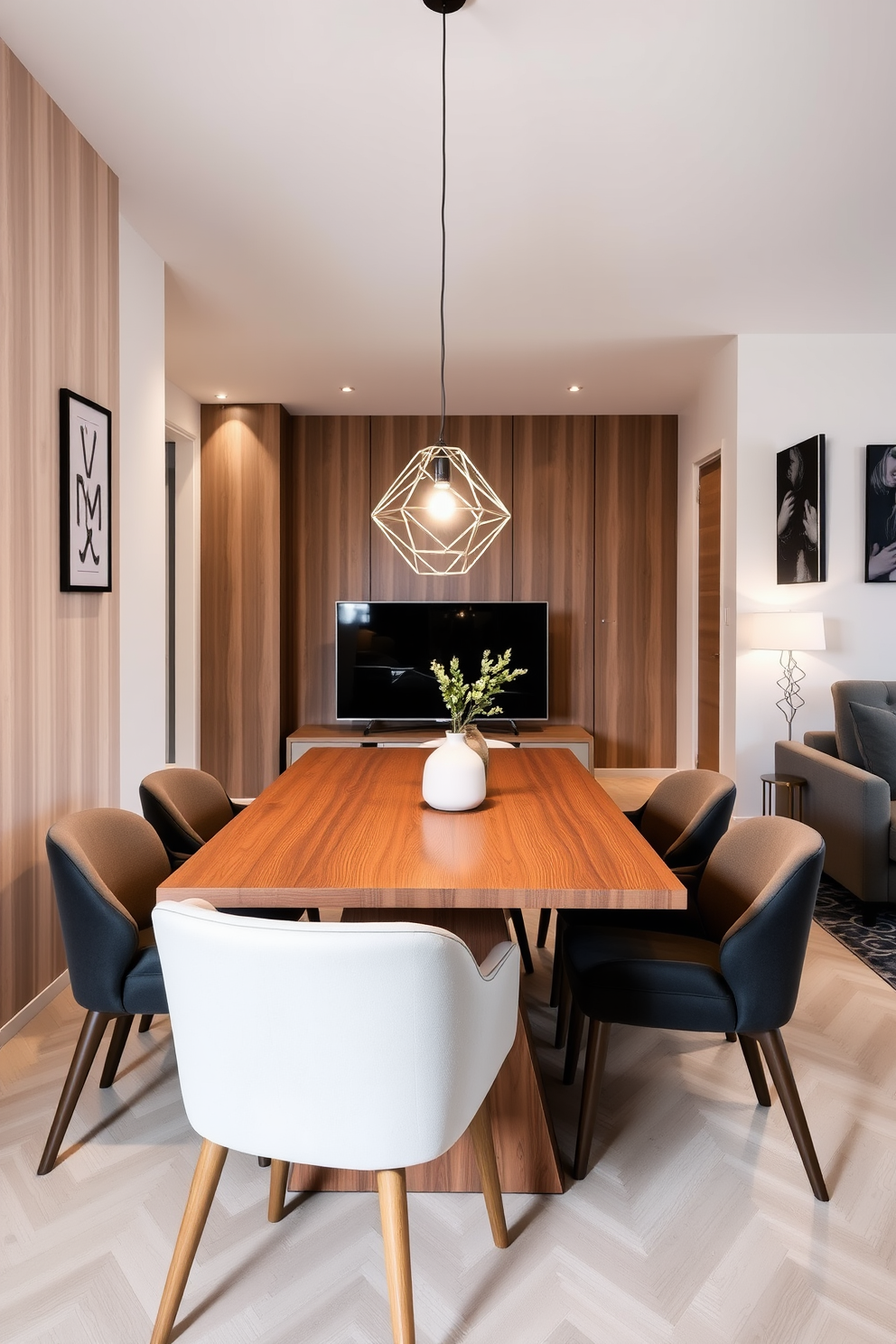 A stylish apartment design featuring a modern dining area with a sleek wooden table surrounded by upholstered chairs. Pendant lights with a geometric design hang gracefully above the table, casting a warm glow that enhances the inviting atmosphere.