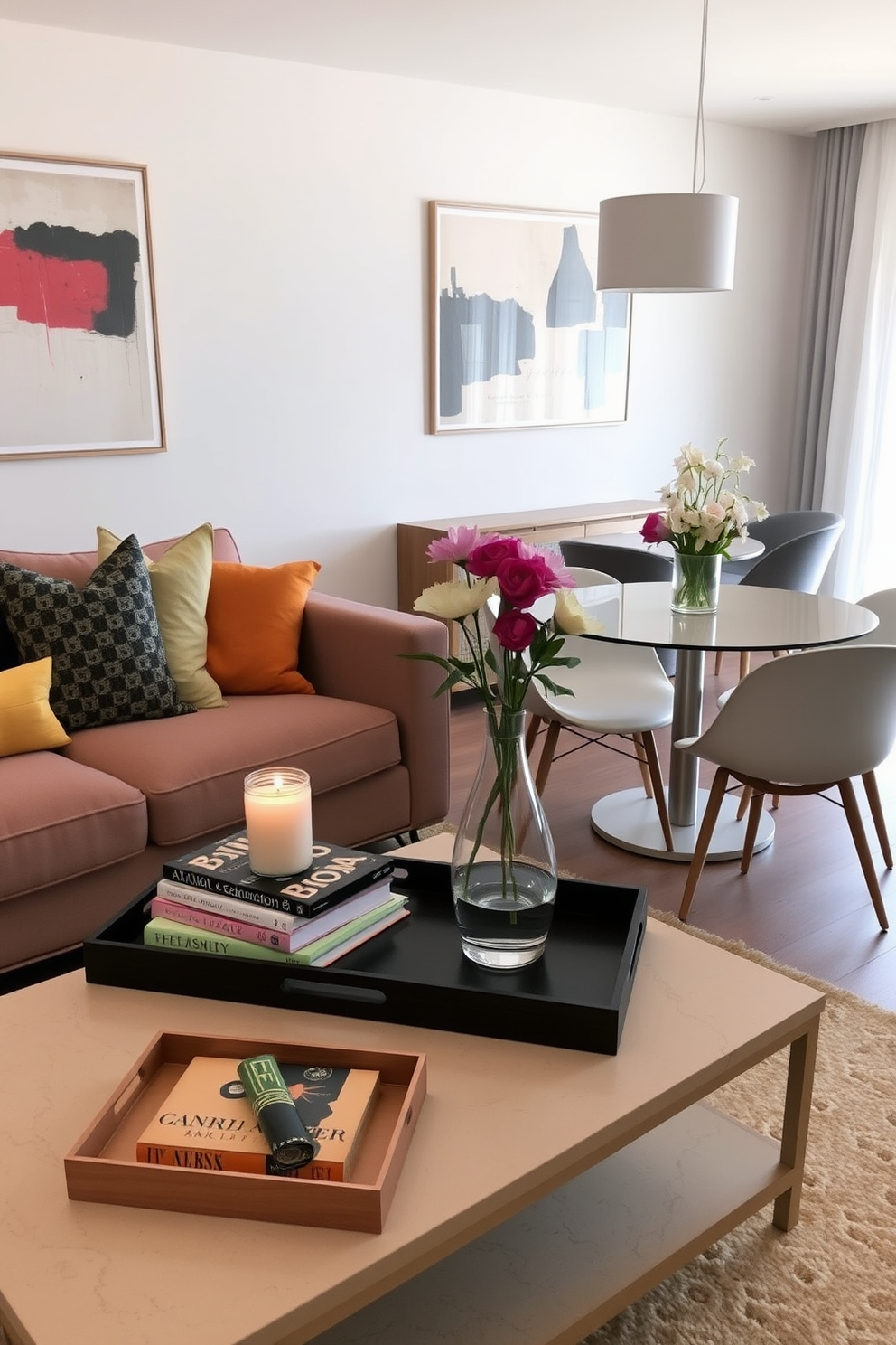 A stylish apartment featuring industrial accents that create an urban vibe. Exposed brick walls complement sleek metal fixtures and large windows that invite natural light into the space. The living area boasts a comfortable leather sofa paired with a reclaimed wood coffee table. Decorative elements include vintage light bulbs and abstract art pieces that enhance the modern aesthetic.