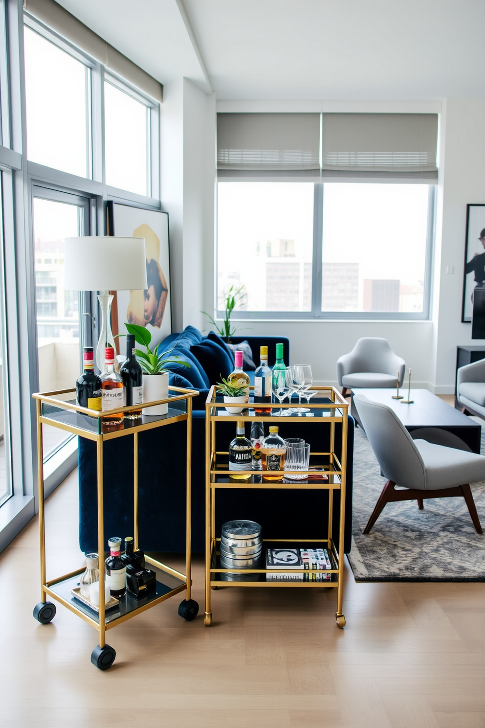 A chic apartment living space with a stylish bar cart positioned in the corner. The bar cart is adorned with an array of premium spirits, elegant glassware, and a small potted plant for a touch of greenery. The seating area features a plush velvet sofa in a deep navy color, complemented by a set of modern accent chairs. Large windows allow natural light to flood the room, highlighting the contemporary artwork on the walls.