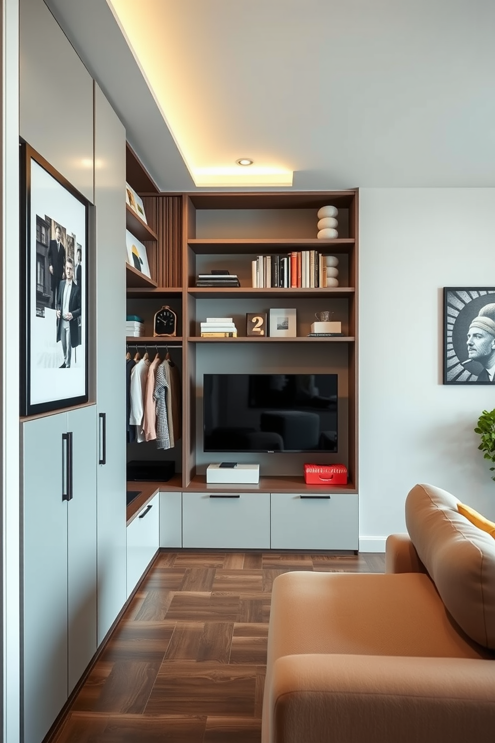 A stylish apartment living room featuring a modern sofa adorned with colorful throw pillows in vibrant hues. The room is accented with a chic coffee table and a large piece of abstract art hanging on the wall. Natural light floods the space through large windows, highlighting a cozy reading nook with a plush armchair. The flooring is a warm hardwood, complemented by a soft area rug that ties the color scheme together.