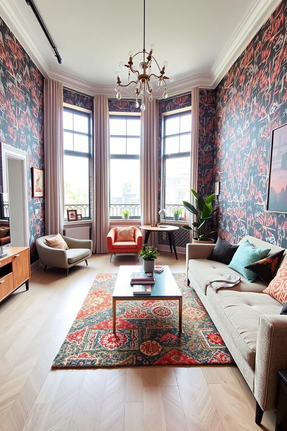 A stylish apartment features wall-mounted shelves that elegantly display books and decorative items. The shelves are made of light wood with a minimalist design, enhancing the open feel of the living space. The walls are painted in a soft white, creating a bright and airy atmosphere. Below the shelves, a cozy seating area with a plush sofa and colorful throw pillows invites relaxation.