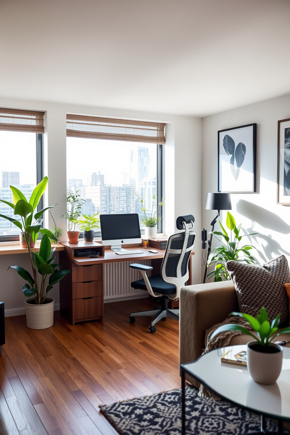 A stylish apartment design featuring a cozy desk nook for productivity. The nook is integrated into a bright living area, showcasing a sleek wooden desk paired with a comfortable ergonomic chair. Large windows allow natural light to flood the space, highlighting the minimalist decor and vibrant indoor plants. The walls are adorned with modern art, complementing the warm tones of the furniture and creating an inviting atmosphere.