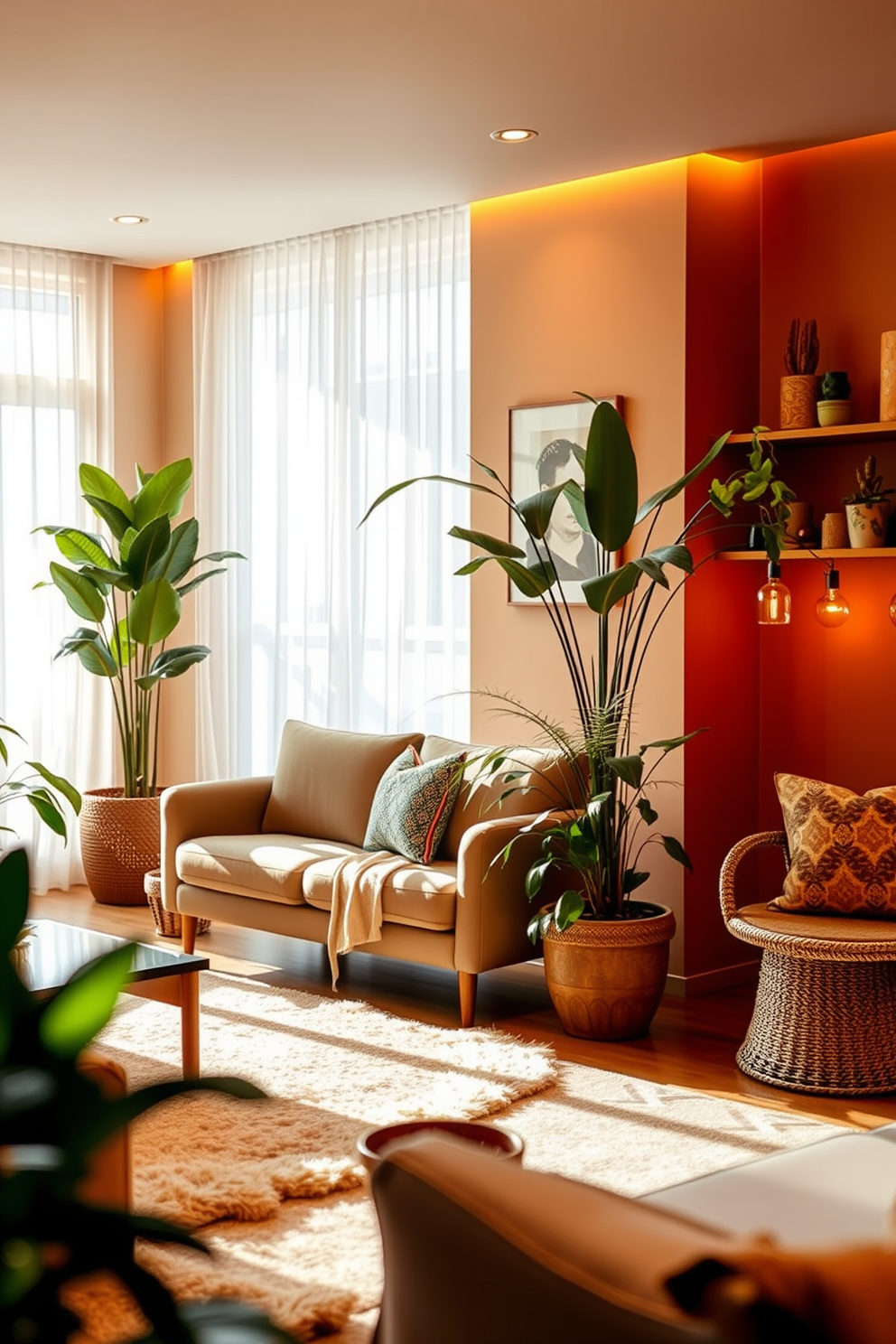 Create a welcoming atmosphere with soft lighting. Incorporate warm tones and comfortable furnishings to enhance the coziness of the space. Use a mix of textures such as plush rugs and smooth surfaces. Add greenery with indoor plants for a touch of nature and freshness.