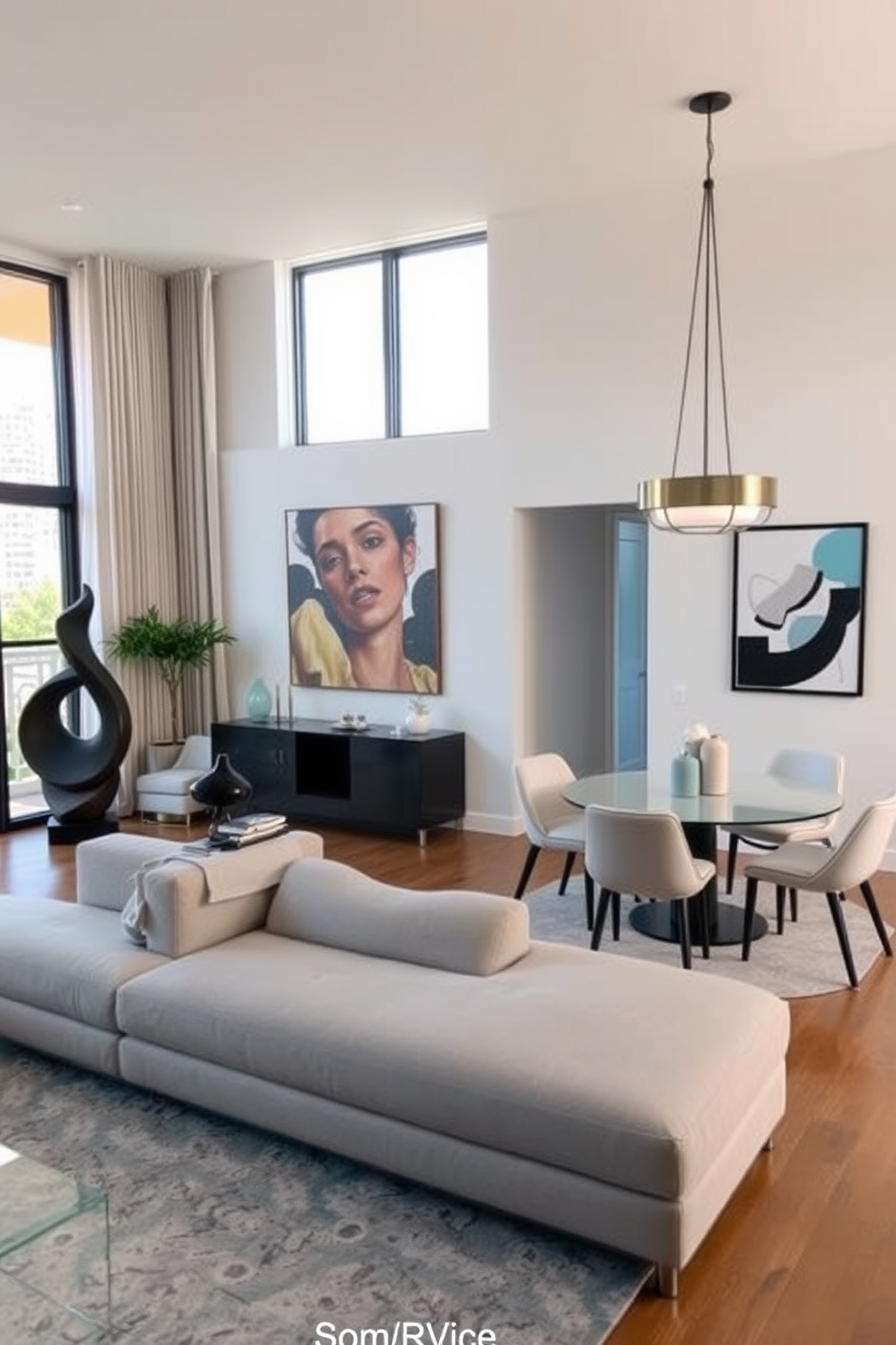 A stylish apartment featuring an open-concept living space with a sleek sectional sofa in a neutral tone. A statement piece, such as a large abstract sculpture, is positioned prominently in the corner, drawing attention and adding character to the room. The dining area includes a modern round table surrounded by elegant chairs, complemented by a chic pendant light overhead. The walls are adorned with contemporary artwork, and large windows allow natural light to flood the space, enhancing the overall ambiance.