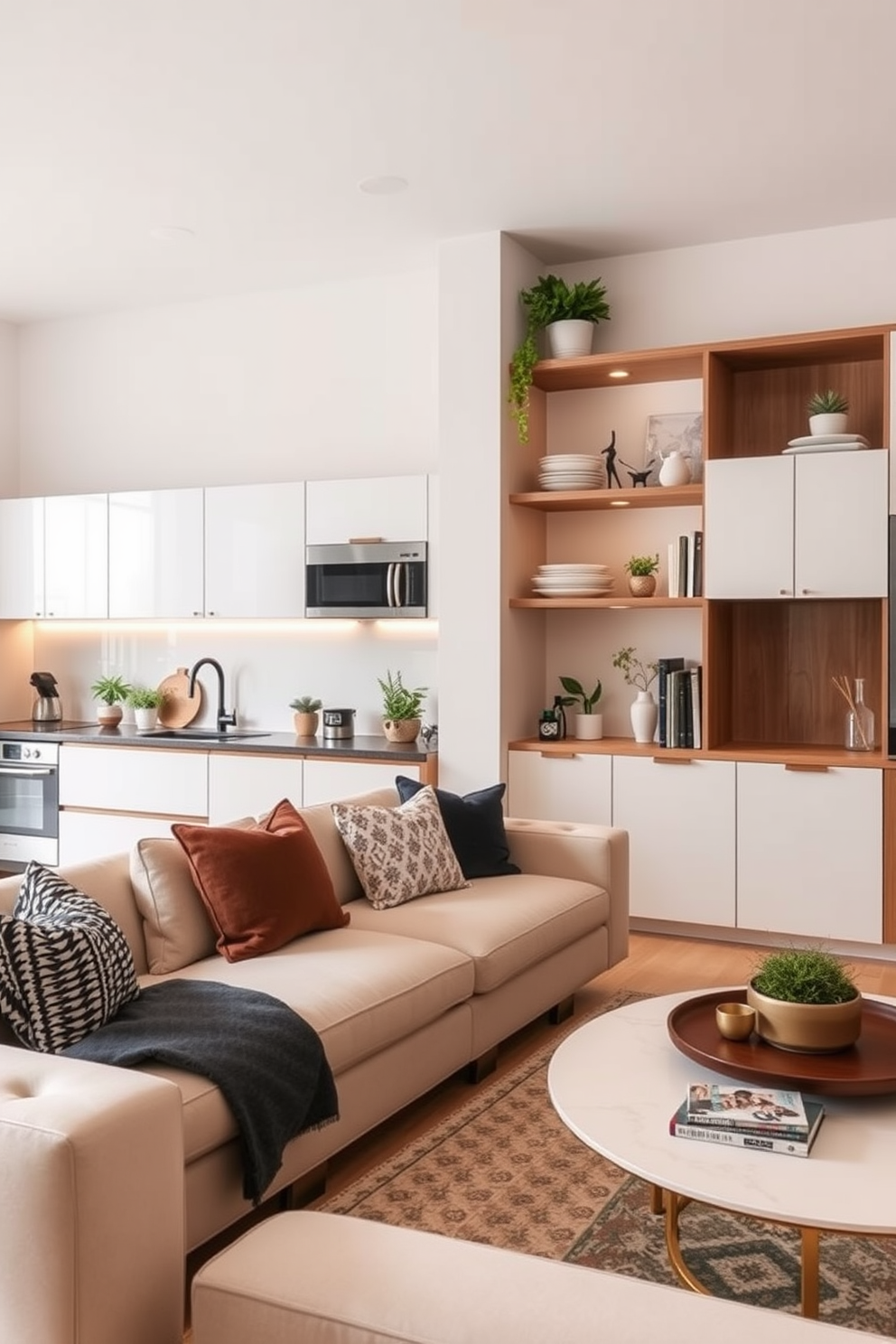 A stylish apartment features an open concept living area with bold artwork displayed prominently on the walls. The furniture is arranged to encourage conversation, with a plush sectional sofa facing a striking abstract painting that draws the eye. The dining area showcases a modern table surrounded by colorful chairs that complement the artwork. Large windows allow natural light to flood the space, enhancing the vibrant atmosphere and making the artwork stand out even more.