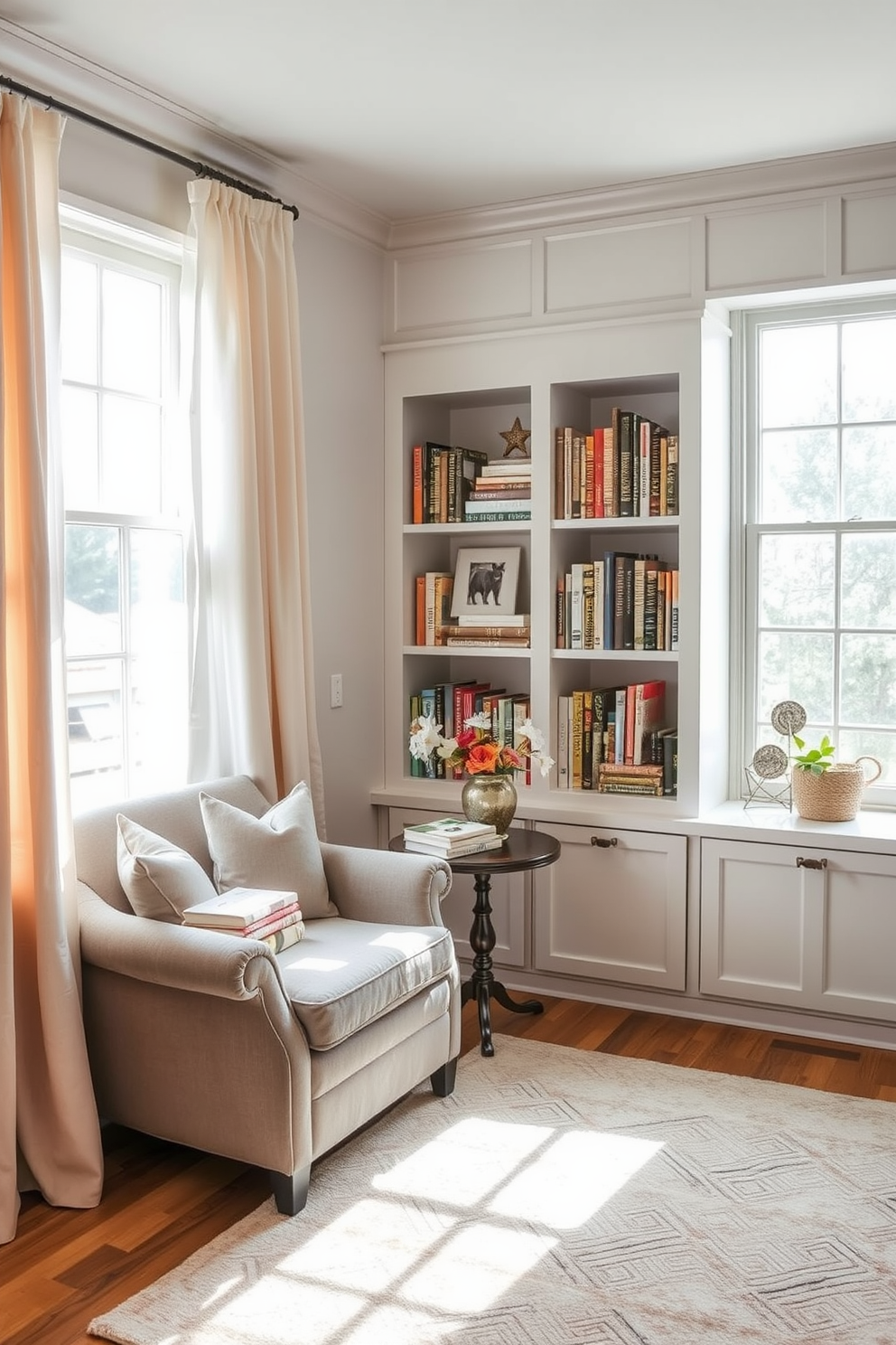 Create a cozy reading nook by windows with a plush armchair upholstered in soft fabric. A small side table holds a stack of books and a warm cup of tea, while natural light pours in through sheer curtains. Incorporate built-in shelves filled with books and decorative items, enhancing the inviting atmosphere. A soft area rug underfoot adds warmth and comfort to the space, making it the perfect retreat for relaxation.