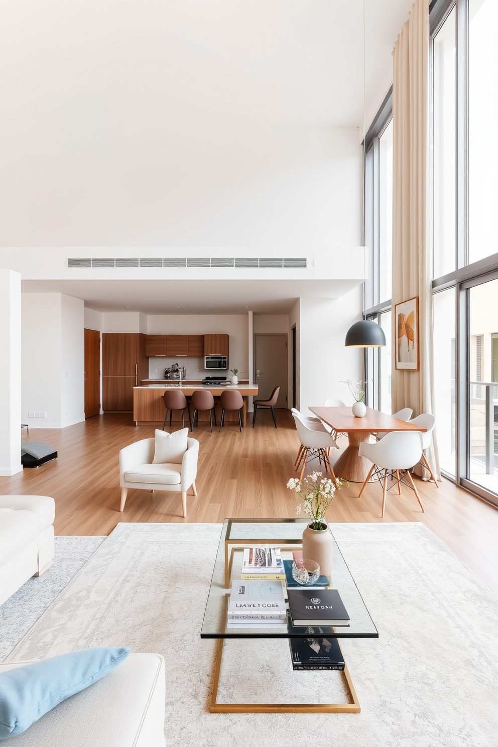 A stylish apartment filled with indoor plants creates a fresh and vibrant atmosphere. Large leafy green plants are placed in the corners, while smaller potted plants adorn the windowsills, bringing life to the space. The living area features a chic sofa paired with a modern coffee table. A decorative rug ties the room together, complementing the natural elements of the indoor plants.