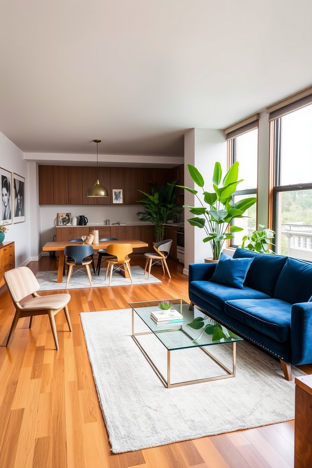 A stylish apartment design featuring a cozy living area with a plush velvet sofa in deep blue complemented by a sleek glass coffee table. The walls are adorned with abstract art pieces and a soft area rug adds warmth to the hardwood floor. In the dining space, a modern wooden table is surrounded by mismatched chairs showcasing different textures. Large windows allow natural light to flood the room, highlighting the greenery from potted plants placed strategically around the space.