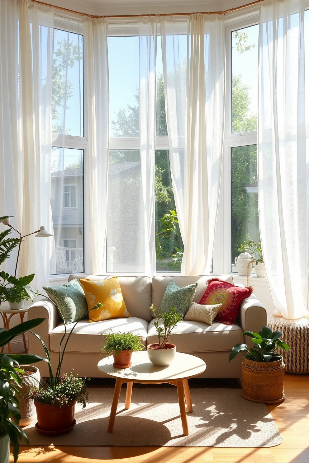 A bright and airy summer apartment filled with natural light. Light sheer curtains drape elegantly over large windows, creating a fresh and inviting atmosphere. The living area features a comfortable sofa adorned with colorful throw pillows. A small coffee table sits in front, surrounded by potted plants that bring a touch of nature indoors.