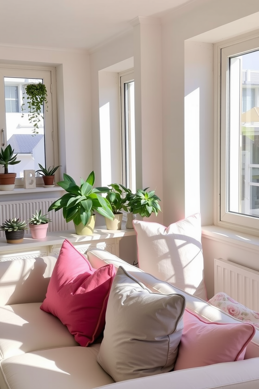 A bright and airy summer apartment filled with natural light. Succulent plants are placed on windowsills and shelves, adding a touch of low maintenance greenery to the space. The living area features a cozy seating arrangement with light-colored furniture and vibrant throw pillows. Soft pastel accents and light fabrics create a refreshing summer vibe throughout the apartment.