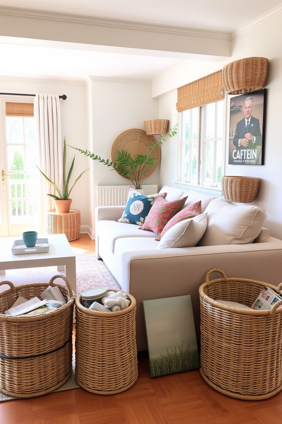 A cozy summer apartment filled with natural light. Rattan baskets are strategically placed throughout the space, providing stylish storage solutions while adding a touch of warmth. The living area features a light-colored sofa adorned with vibrant throw pillows. A large rattan basket sits beside the sofa, perfect for storing blankets and magazines.