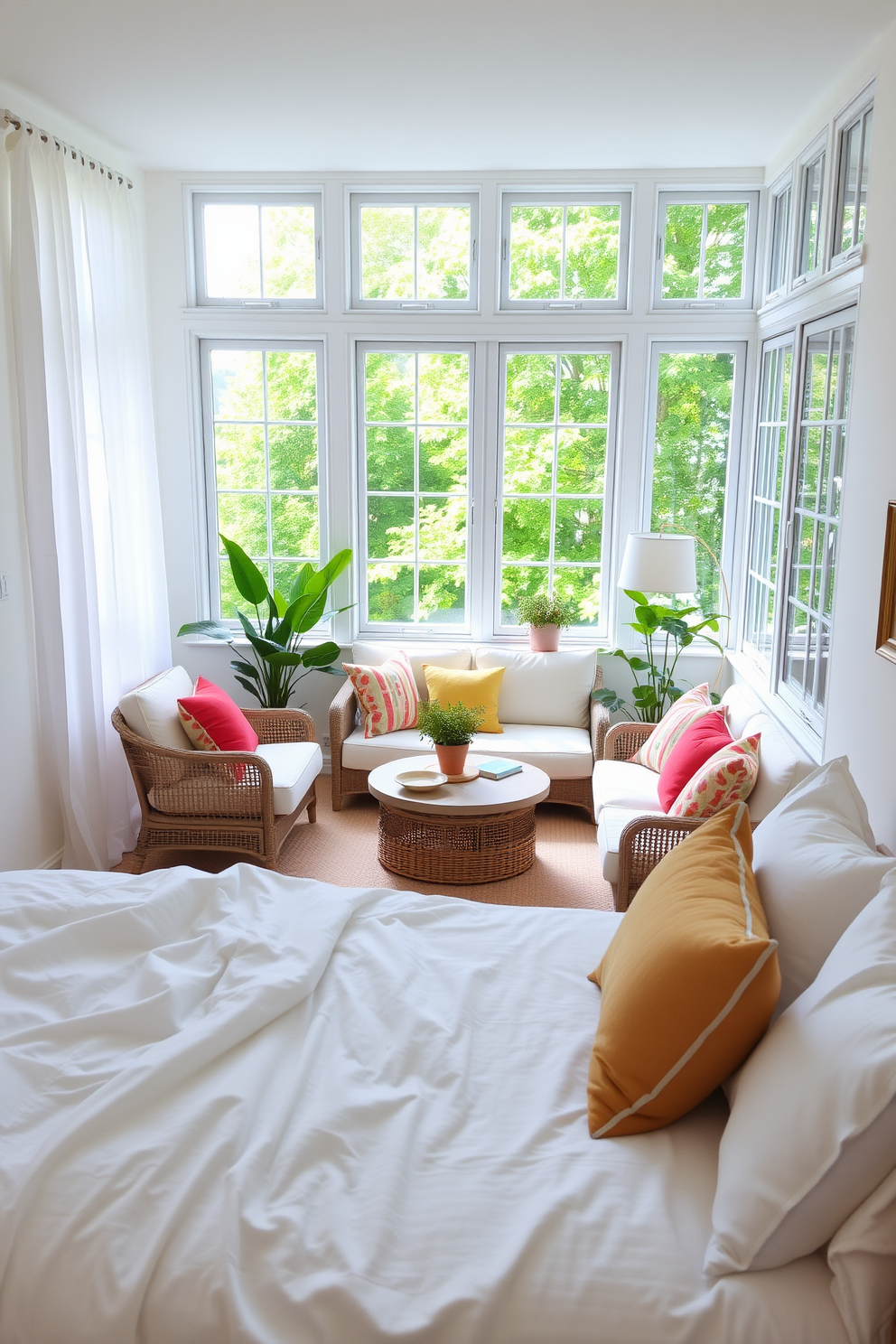 A bright and airy summer apartment with crisp white linens adorning the bed, creating a fresh and clean look. Large windows let in natural light, enhancing the lightness of the space and offering a view of lush greenery outside. The living area features a cozy seating arrangement with light-colored furniture, accented by colorful throw pillows. A soft area rug anchors the space, while potted plants add a touch of nature, making the apartment feel inviting and vibrant.