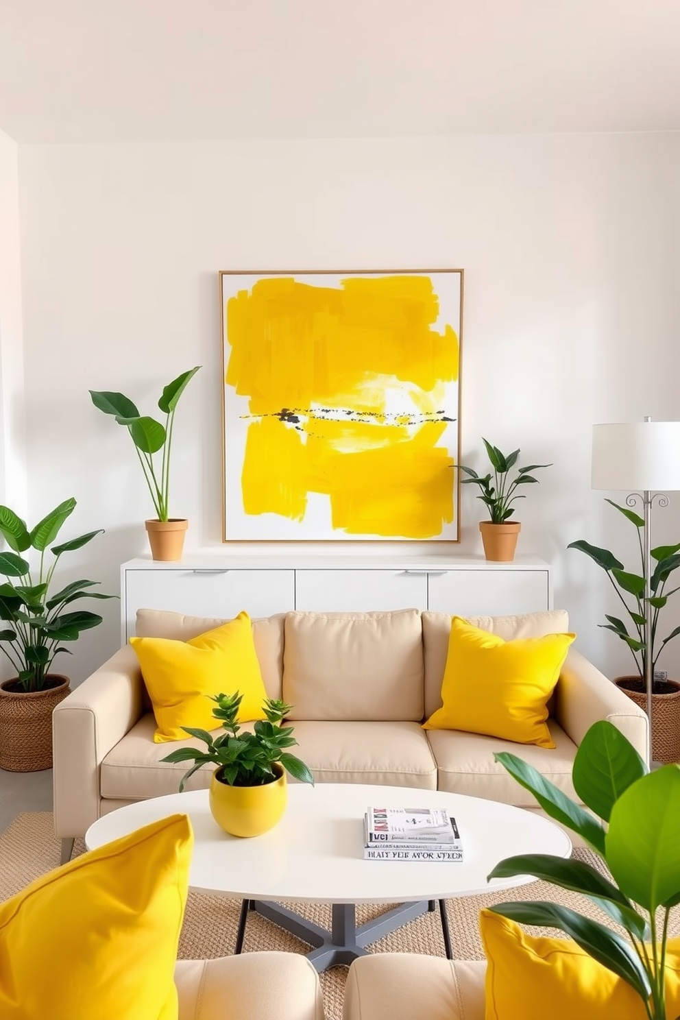 A bright and airy living space filled with sunshine yellow accents that evoke cheerful energy. The walls are painted in a soft white, and vibrant yellow throw pillows adorn a comfortable beige sofa. A large abstract painting featuring bold yellow tones hangs above a sleek coffee table. Potted plants with lush green leaves are strategically placed around the room, adding a fresh touch to the summer apartment decor.