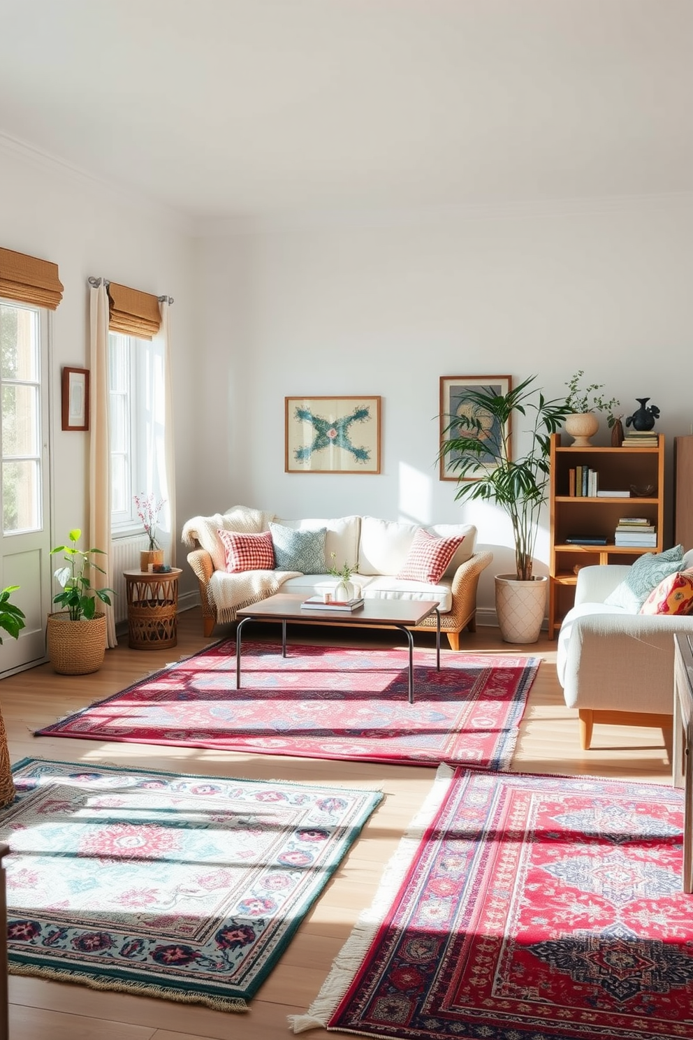 A vibrant living room filled with natural light. The floor is adorned with colorful area rugs featuring intricate patterns that add warmth and personality to the space. A cozy summer apartment decorated with light and breezy textiles. The walls are painted in soft pastel hues, and the furniture is arranged to create an inviting atmosphere perfect for relaxation.