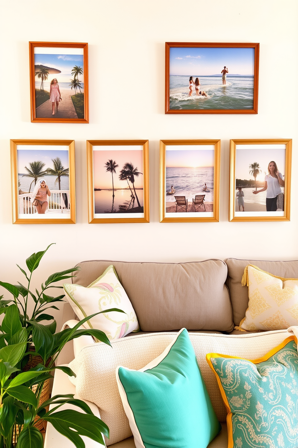 Framed summer vacation photos adorn the walls, capturing joyful memories and infusing the space with a sense of nostalgia. The warm tones of the frames complement the soft, pastel color palette of the living area, creating a cozy and inviting atmosphere. Incorporate light and airy textiles to enhance the summer vibe throughout the apartment. Fresh greenery and vibrant accent pillows add a playful touch, making the space feel both stylish and welcoming.