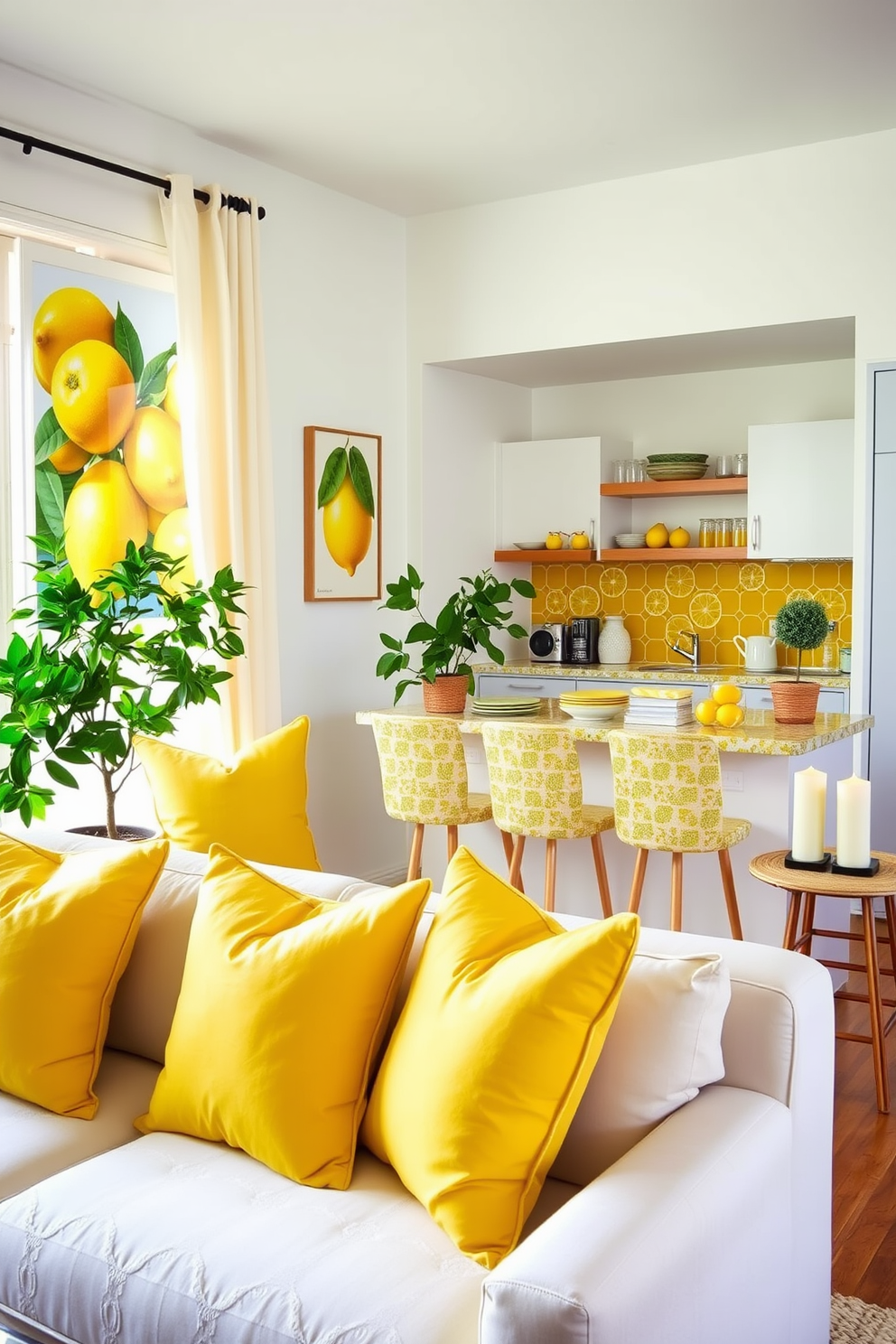 A bright and airy summer apartment featuring lemon and citrus motifs throughout the space. The living room showcases vibrant yellow throw pillows and a large artwork depicting fresh lemons, creating a cheerful atmosphere. The kitchen is adorned with lemon-patterned dishware and a bright citrus-themed backsplash. Potted lemon trees and citrus-scented candles add a refreshing touch to the overall decor.