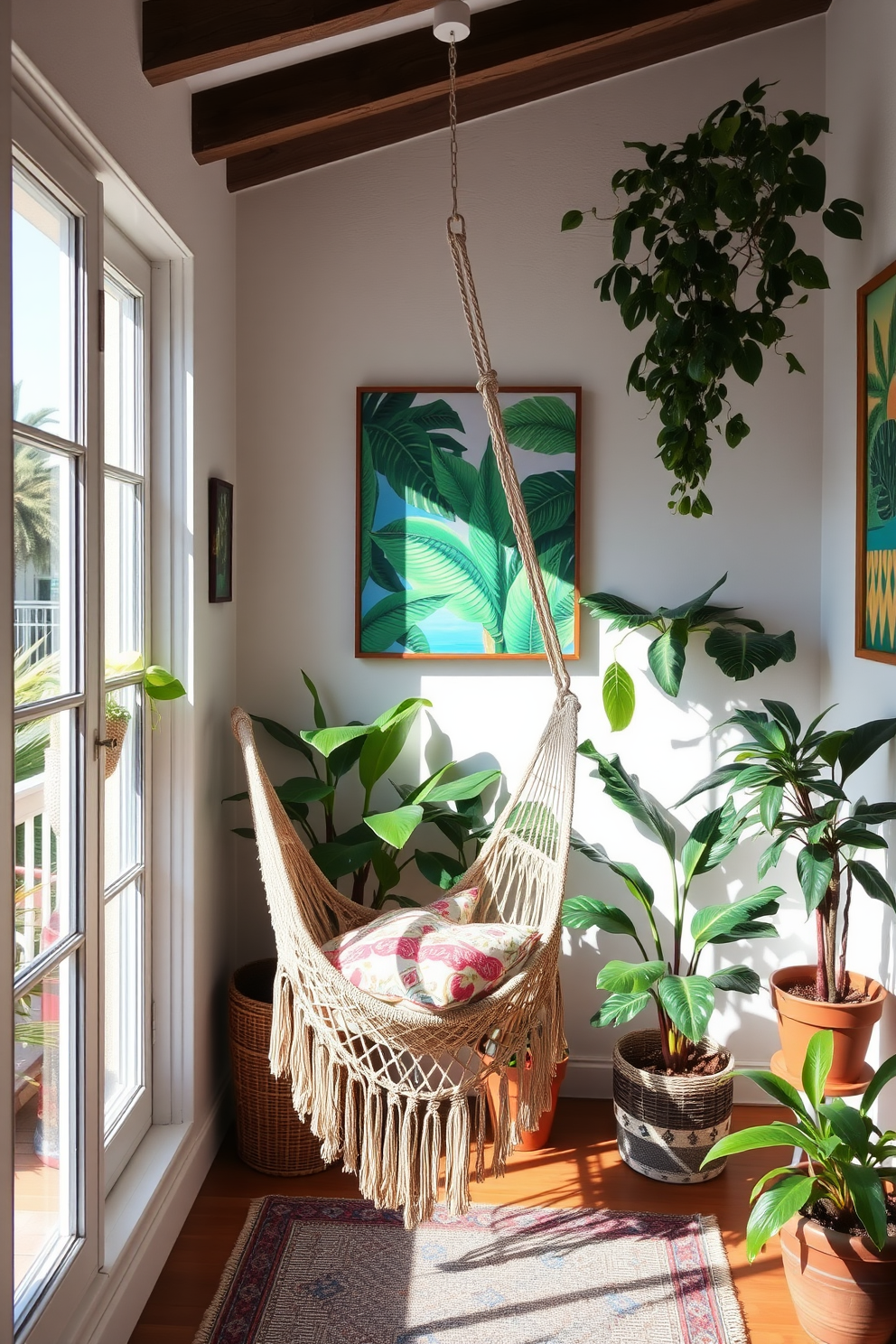 A cozy summer apartment featuring a hammock chair suspended from the ceiling in a sunlit corner. The surrounding walls are adorned with vibrant tropical artwork and potted plants, creating a refreshing and inviting atmosphere.