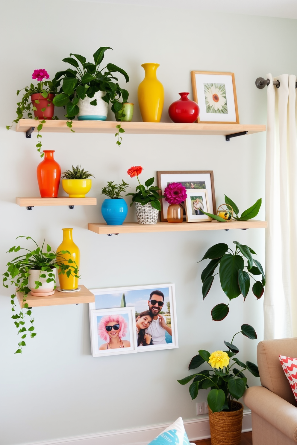 Floating shelves adorned with vibrant seasonal decor items create a refreshing atmosphere in the living space. The shelves are made of light wood and showcase a mix of potted plants, colorful vases, and framed photographs that reflect the joys of summer.