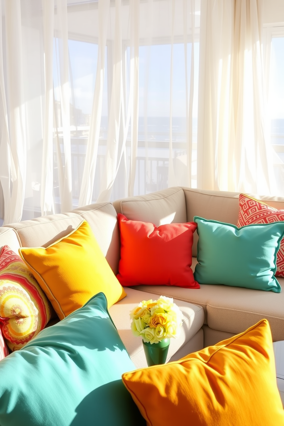 Bright colorful throw pillows are scattered across a cozy sofa, adding a vibrant touch to the living space. The pillows feature various patterns and textures, creating a playful yet inviting atmosphere in the summer apartment. In the background, light sheer curtains flutter gently in the breeze, allowing natural light to fill the room. A small coffee table adorned with a fresh bouquet complements the cheerful decor, enhancing the overall summer vibe.