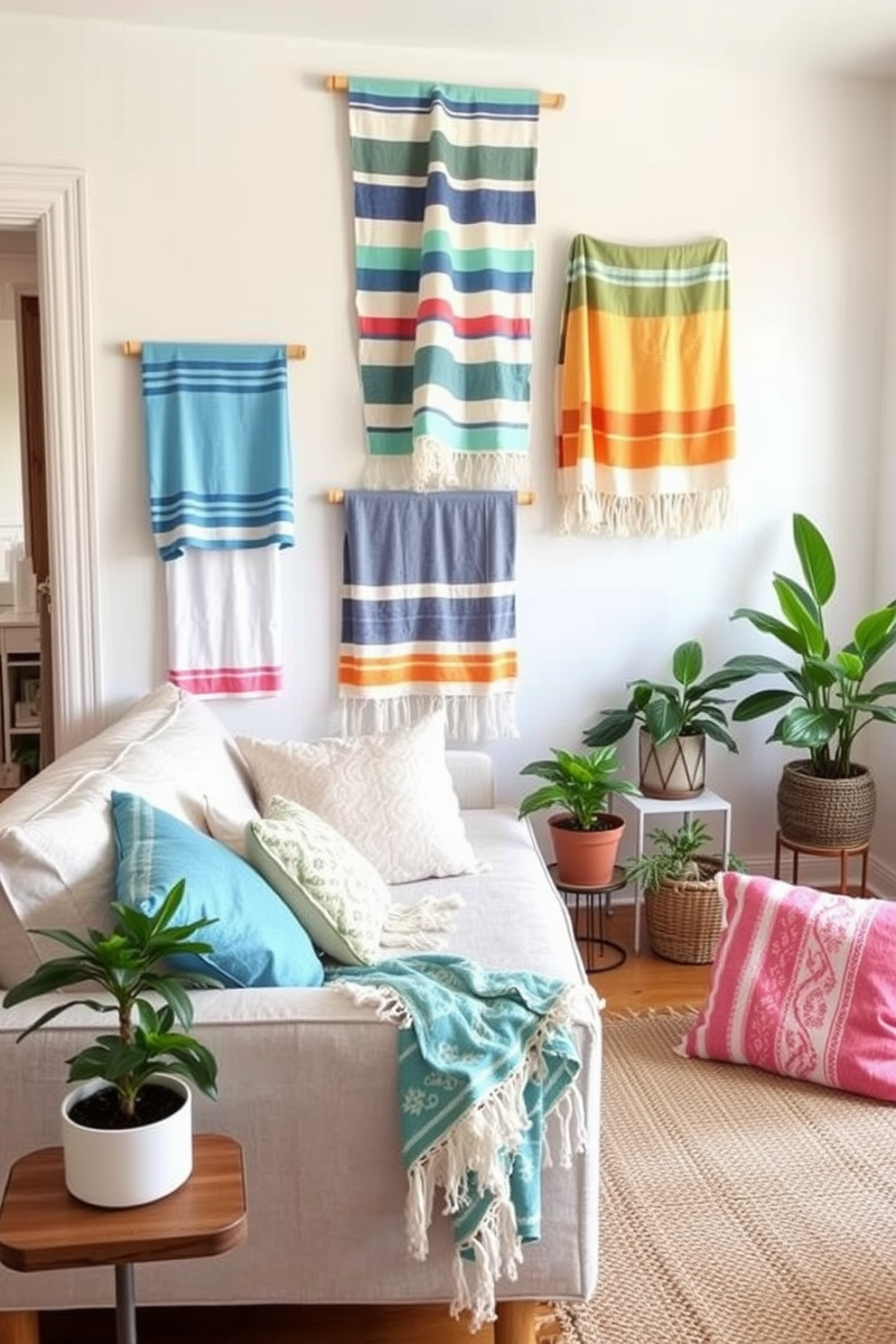 Create a cozy summer apartment living space featuring vintage beach towels displayed as wall art. The walls are adorned with a collection of colorful towels, adding a playful and relaxed vibe to the room. Incorporate light, airy furnishings with a neutral color palette to complement the vibrant towels. Add potted plants and soft throw pillows to enhance the inviting atmosphere of the apartment.