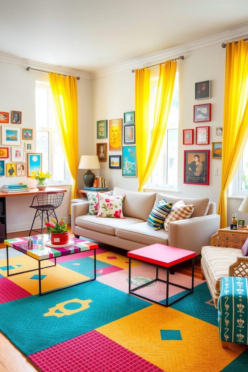 A vibrant summer apartment filled with playful patterns and colors. The living room features a large, multicolored area rug with geometric designs, complemented by a mix of floral and striped throw pillows on a sleek sofa. Bright yellow curtains frame the windows, allowing natural light to flood the space. A gallery wall showcases an eclectic mix of art pieces, while a colorful coffee table adds a fun focal point to the room.