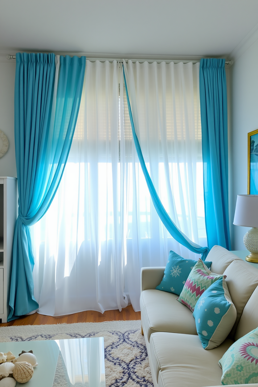 A bright and airy living room features coastal colored curtains that flutter gently in the ocean breeze. The curtains are a soft blue and white, creating an inviting atmosphere that enhances the summer vibes of the apartment. The room is adorned with light, beach-inspired decor including seashell accents and natural textures. A comfortable sofa with vibrant throw pillows complements the overall theme, making it the perfect summer retreat.