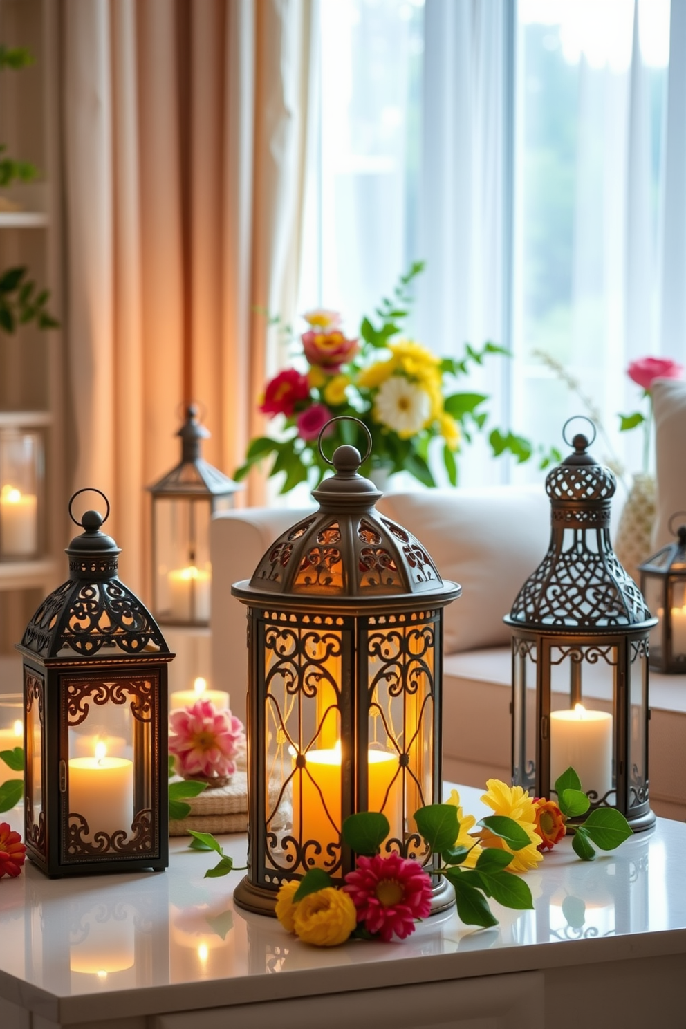 Decorative lanterns are scattered throughout the living space, casting a soft and inviting glow that enhances the cozy atmosphere. Each lantern features intricate designs, with flickering candles inside that create a warm and welcoming ambiance. For summer apartment decorating ideas, bright and airy fabrics are used for the curtains, allowing natural light to flood the room. Fresh greenery and vibrant floral arrangements add a touch of nature, complementing the cheerful and relaxed summer vibe.