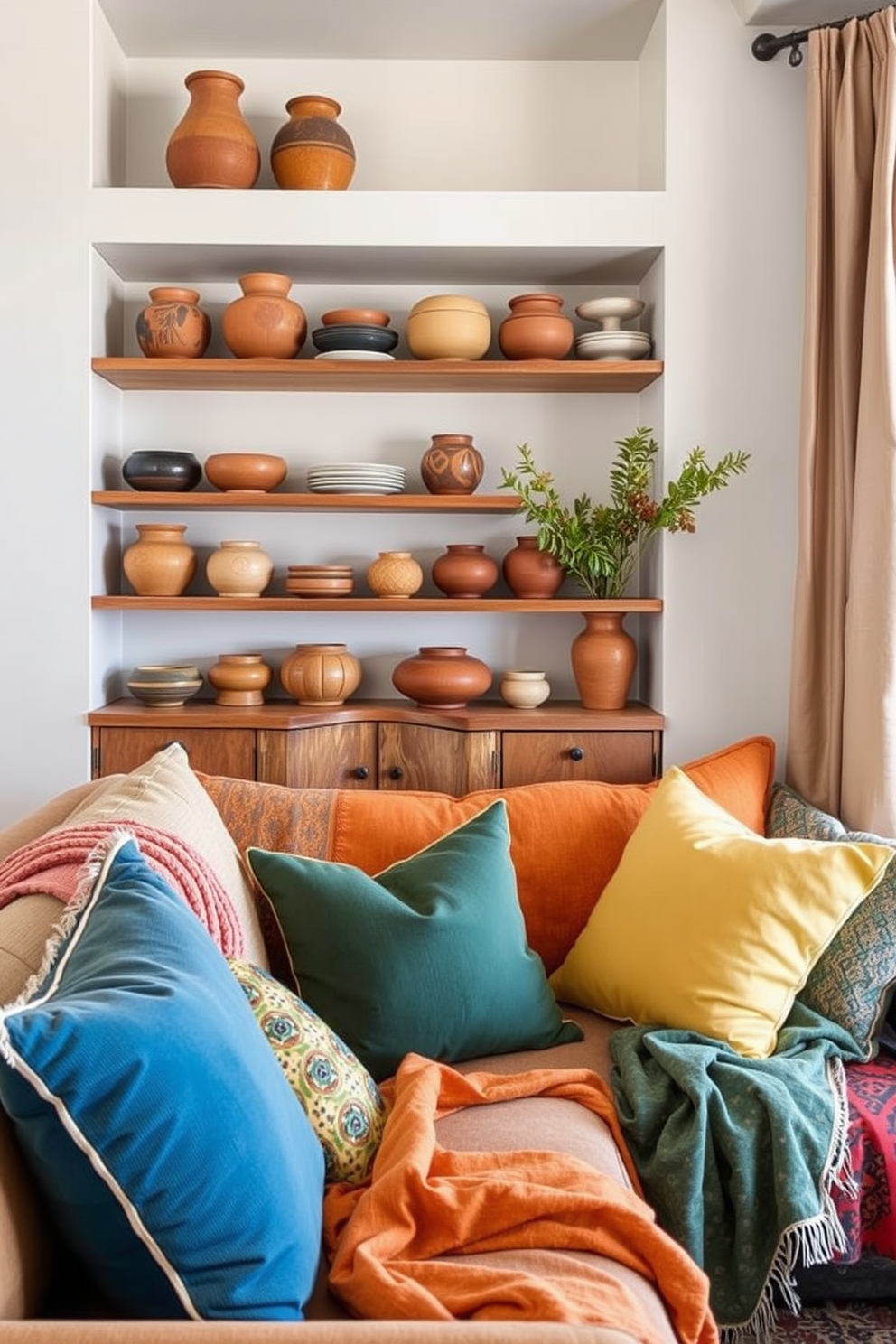 Artisan pottery displayed on open shelves adds a touch of warmth and character to the space. The handcrafted pieces feature earthy tones and organic shapes, creating a cozy and inviting atmosphere. Incorporating vibrant textiles and light, airy curtains enhances the summer vibe in the apartment. A mix of bright cushions and throws on the sofa brings a playful yet sophisticated feel to the living area.