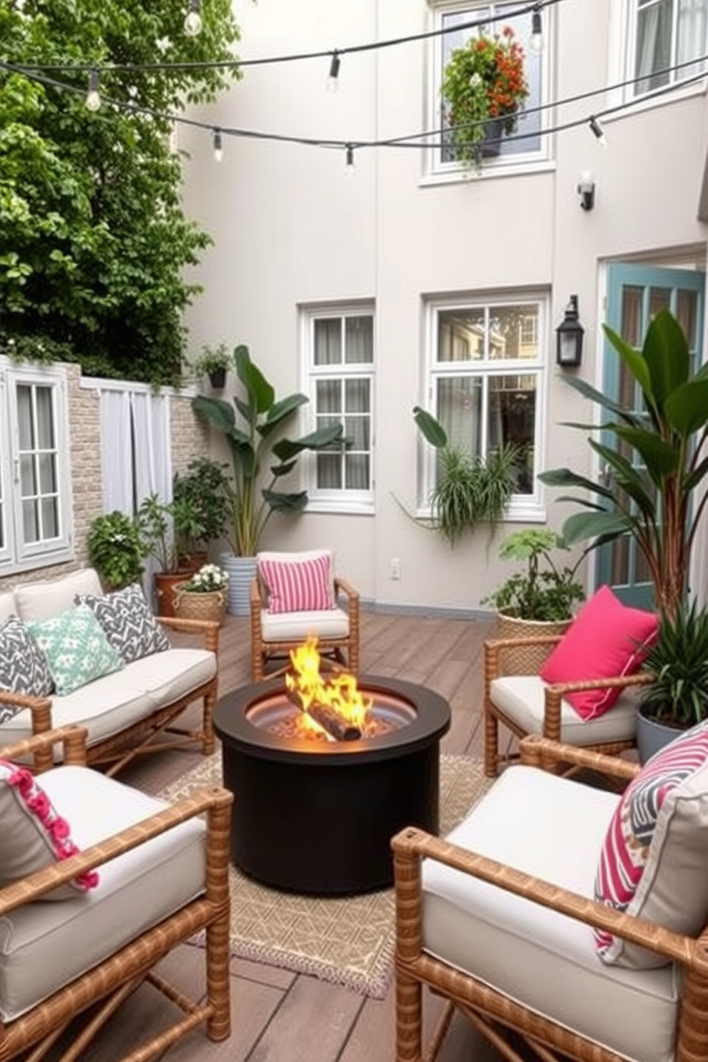 A cozy outdoor gathering space featuring a portable fire pit at the center surrounded by comfortable seating. The area is adorned with string lights overhead and vibrant cushions that add a pop of color to the neutral furniture. A stylish summer apartment decorated with light and airy textiles that evoke a fresh and breezy atmosphere. Potted plants are strategically placed to enhance the natural light and create a welcoming environment.