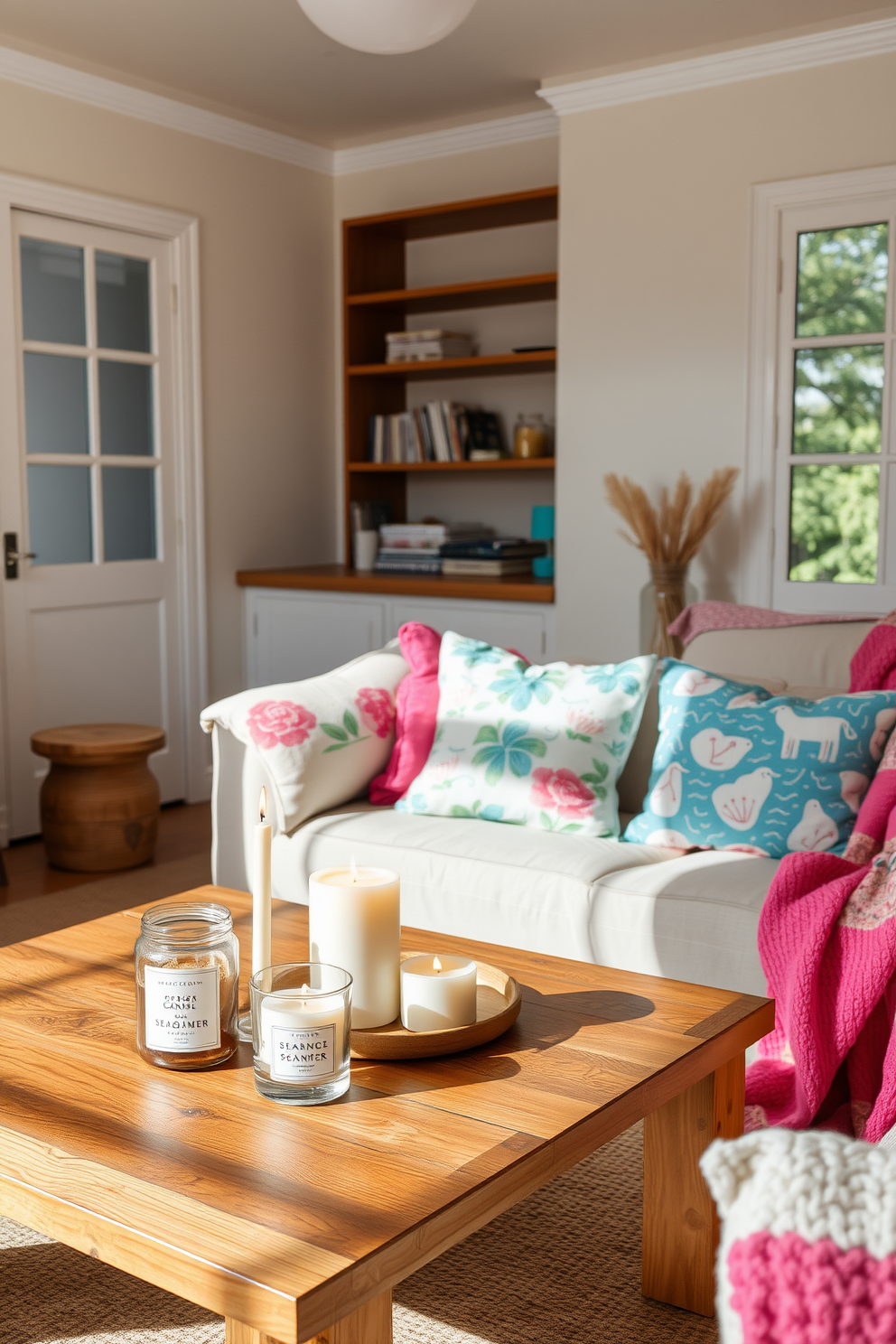 A cozy summer apartment filled with natural light. Seasonal scented candles are placed on a wooden coffee table, creating an inviting aroma throughout the space. The walls are adorned with light, airy colors that reflect the essence of summer. A mix of vibrant throw pillows and soft blankets adds a playful yet comfortable touch to the seating area.