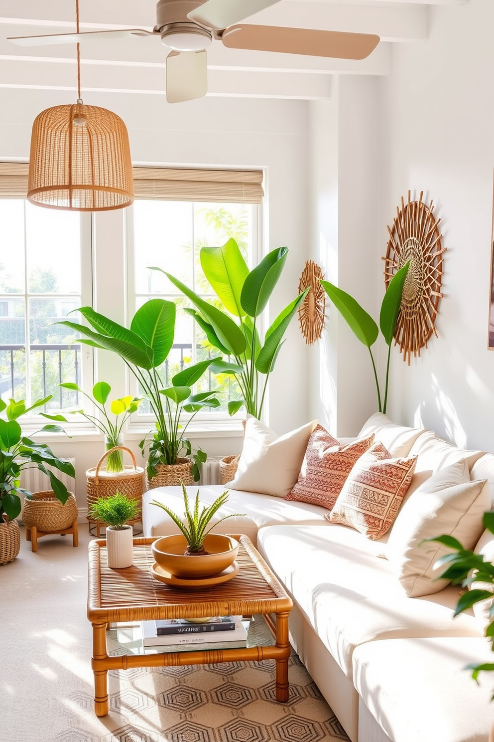 A bright and airy summer apartment filled with tropical vibes. The space features bamboo accents throughout, including a bamboo coffee table and woven wall art. Large windows allow natural light to flood in, highlighting the lush green plants scattered around the room. Soft, pastel-colored cushions adorn the sofa, creating a relaxed and inviting atmosphere.