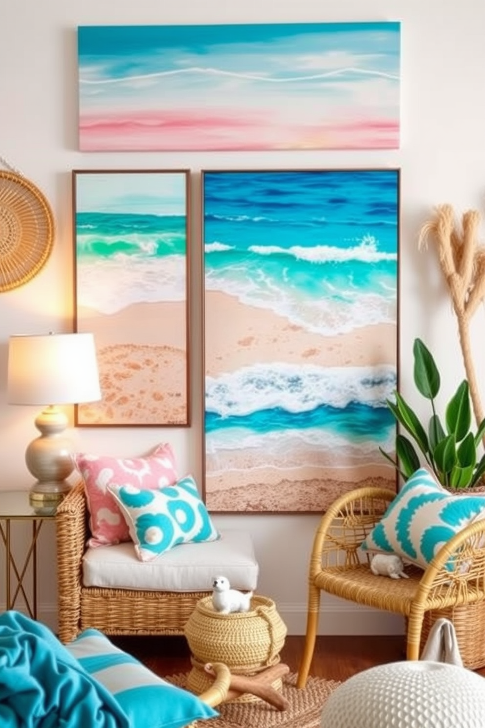 Beachy themed wall art for summer vibes. The artwork features vibrant ocean scenes with soft pastel colors and sandy textures, creating a relaxed atmosphere perfect for a coastal retreat. Summer Apartment Decorating Ideas. Incorporate light and airy fabrics with bright accent colors, and use natural materials like wicker and driftwood to enhance the beachy feel throughout the space.