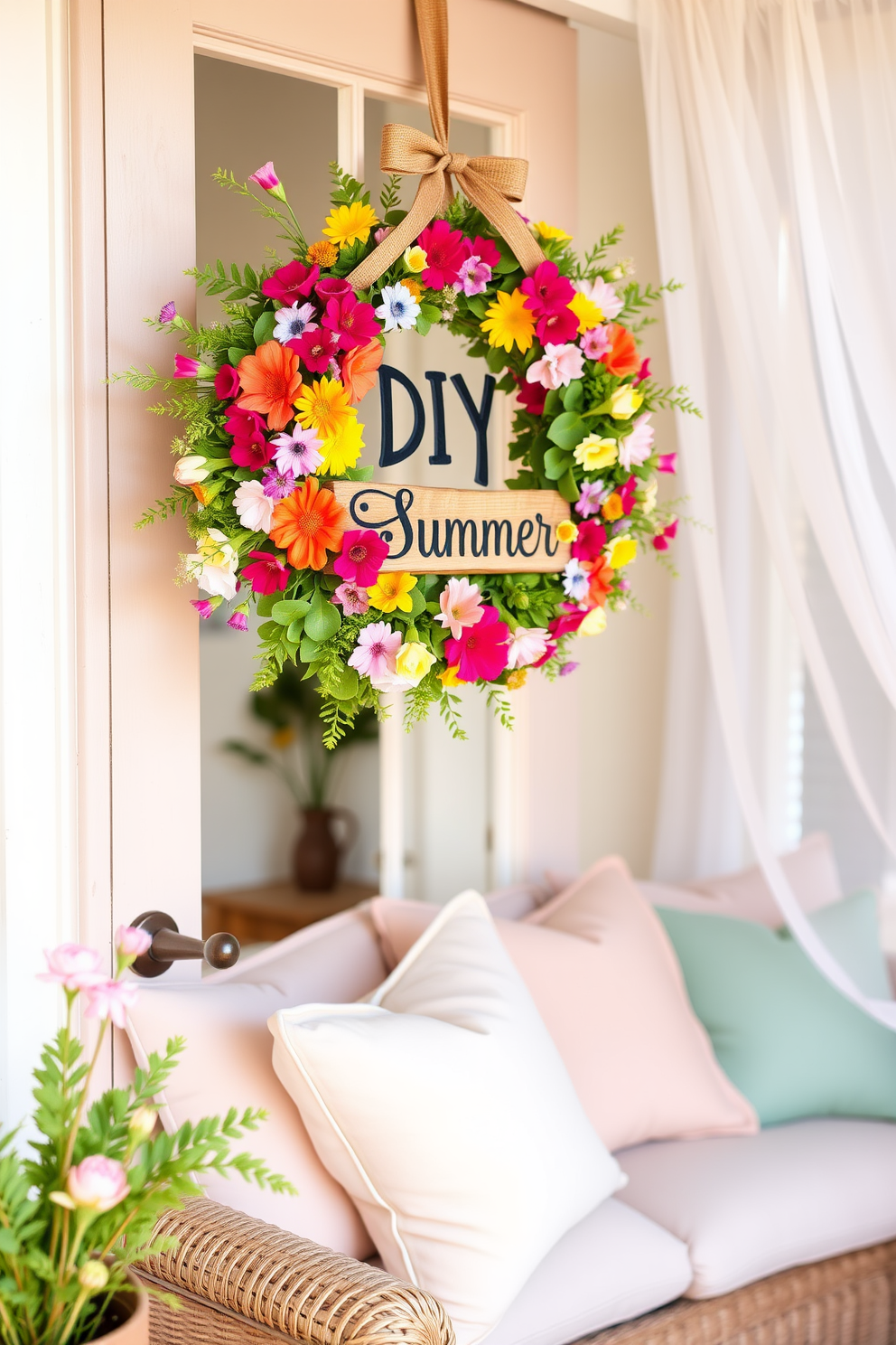 A vibrant DIY summer wreath hangs on a charming front door, adorned with an array of colorful flowers, greenery, and ribbons that evoke a cheerful atmosphere. The wreath is complemented by a rustic welcome sign, inviting guests into a lively and welcoming space. In a stylish summer apartment, light and airy decor elements create a fresh ambiance. Soft pastel cushions are arranged on a cozy sofa, while sheer curtains flutter gently in the warm breeze, enhancing the bright and inviting environment.