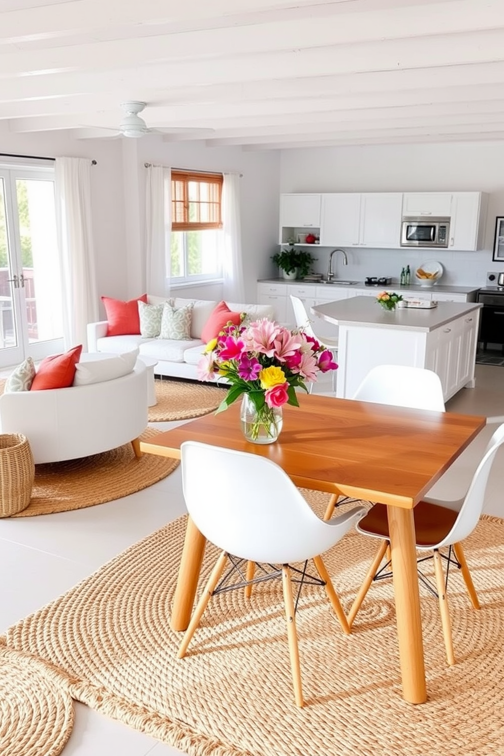 A bright and airy summer apartment features woven jute rugs that add natural texture to the living space. The rugs complement the light-colored furniture and vibrant accent pillows, creating a cozy yet sophisticated atmosphere. In the dining area, a wooden table is surrounded by stylish chairs, with a jute rug underneath to anchor the space. Fresh flowers in a simple vase sit at the center of the table, enhancing the summer vibe with a touch of nature.