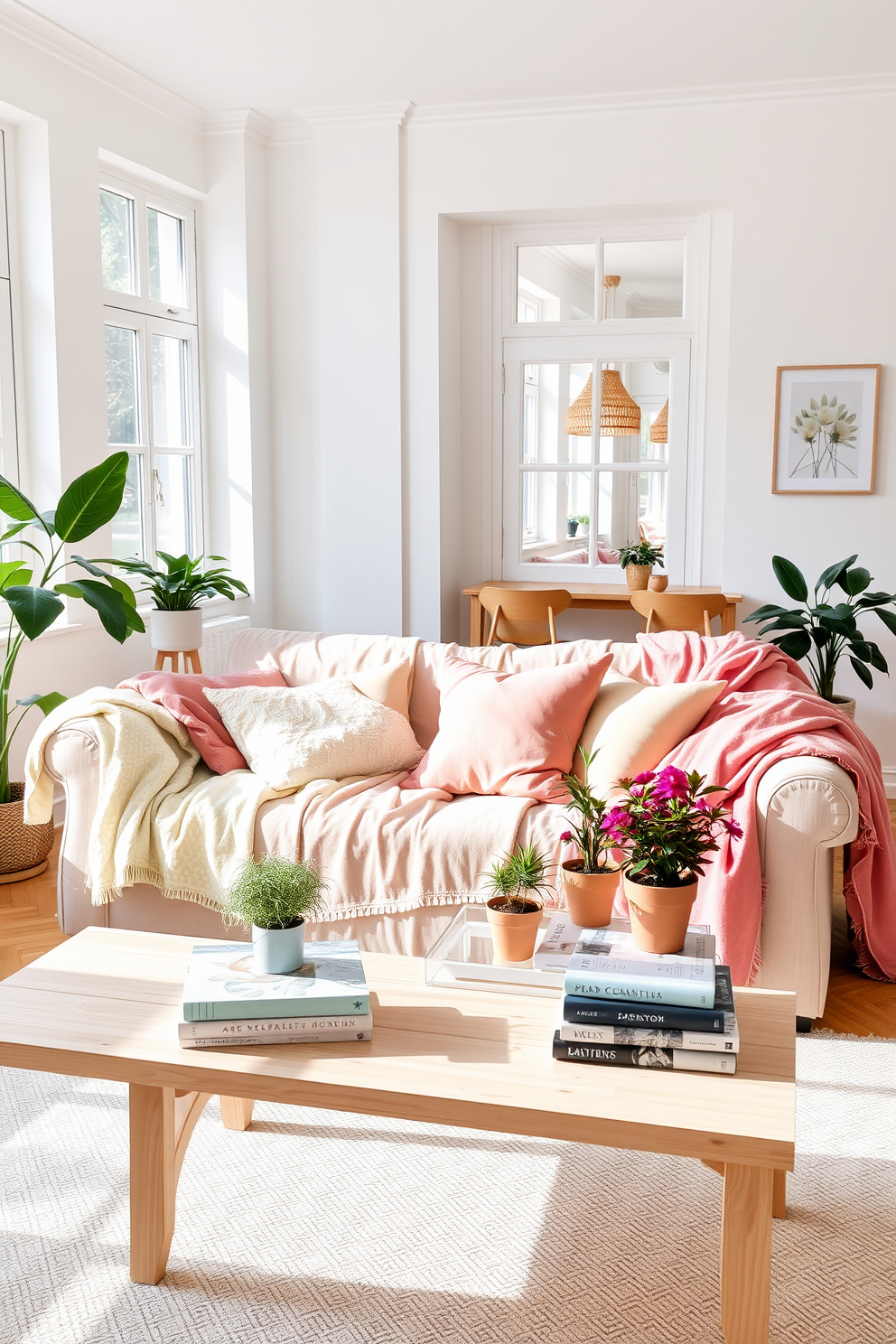 A cozy summer apartment living space filled with pastel colored blankets draped over a plush sofa. The walls are painted in soft white, and large windows let in natural light, creating a bright and inviting atmosphere. Decorative throw pillows in complementary pastel shades are scattered across the sofa, enhancing the comfort. A light wooden coffee table sits in front, adorned with a few vibrant potted plants and a stack of art books.