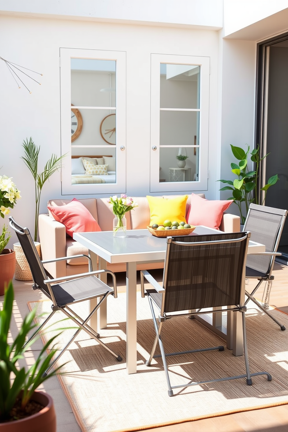 Lightweight outdoor furniture for patio use. The set includes a sleek aluminum dining table paired with comfortable, weather-resistant chairs. Summer apartment decorating ideas. The living room features bright throw pillows and a light area rug that complement the airy feel of the space.