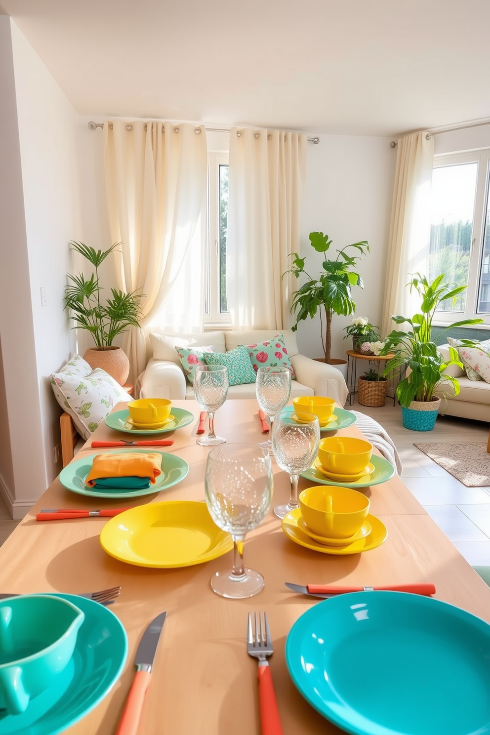 Bright tableware for cheerful dining. The table is set with vibrant plates in shades of yellow and turquoise, complemented by colorful napkins and glassware that sparkles in the sunlight. Summer apartment decorating ideas. The living room features light, airy curtains that flutter with the breeze, while potted plants and floral cushions add a refreshing touch of nature to the space.