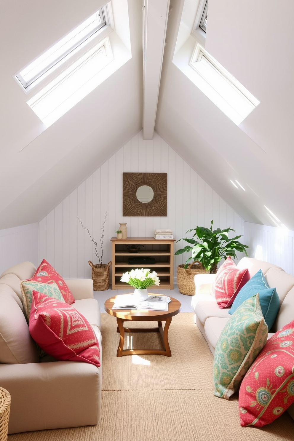 Bright white walls create an airy feel, enhancing the spaciousness of the summer attic. Natural light floods the room through skylights, illuminating cozy seating areas adorned with soft textiles and vibrant throw pillows.