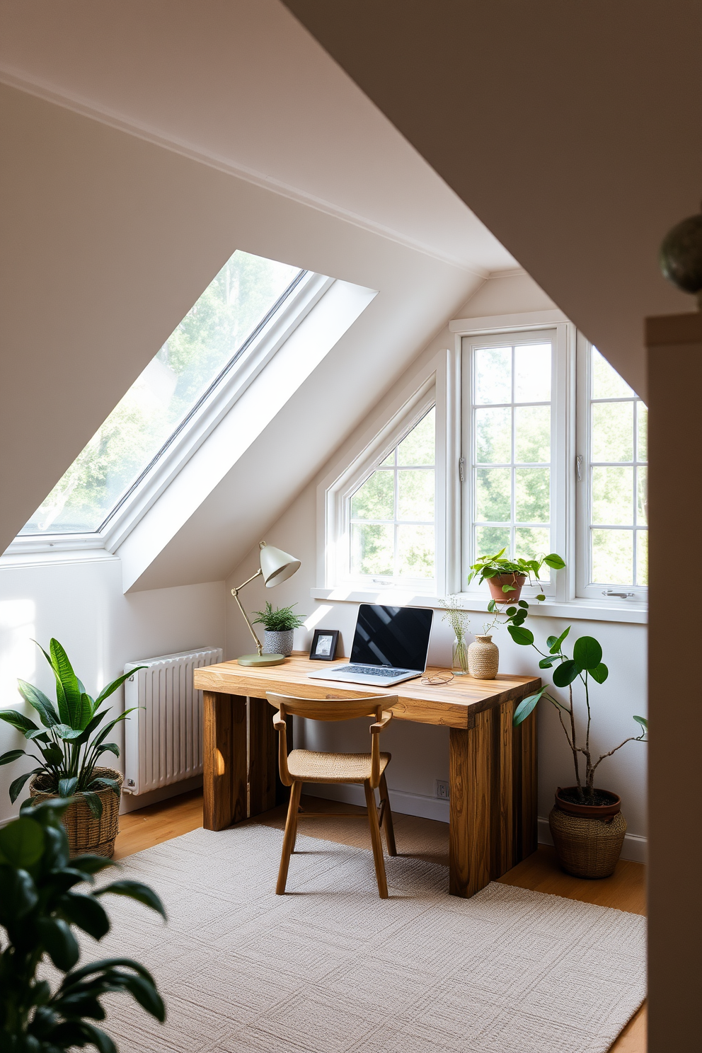 A cozy summer attic space featuring a small work desk positioned under a sloped ceiling. The desk is made of reclaimed wood and adorned with a stylish lamp, creating an inviting workspace. The walls are painted in a light, airy color, and the floor is covered with a soft, textured rug. Large windows allow natural light to flood the room, and potted plants add a touch of greenery and freshness.