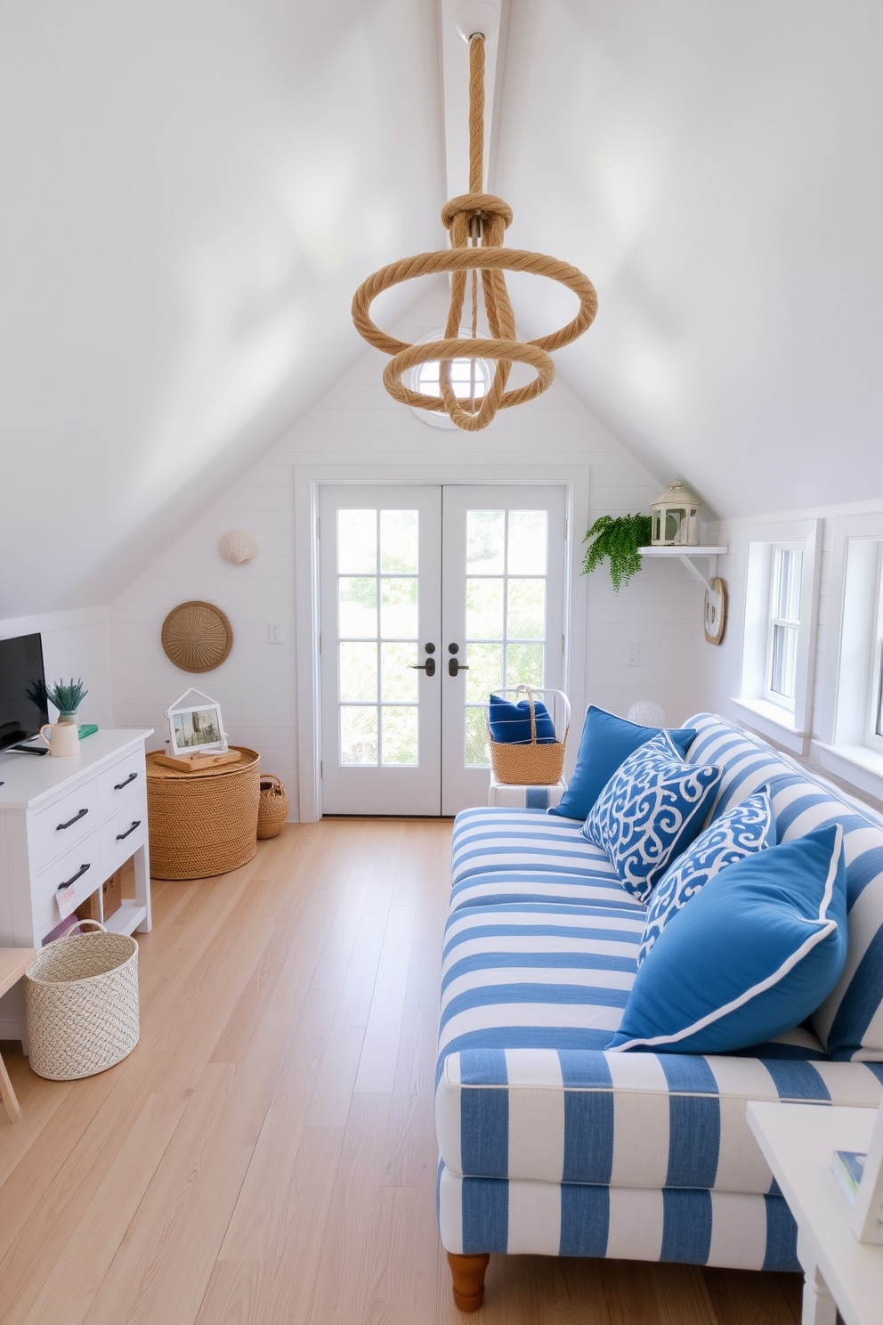 A bright and airy attic space adorned with nautical decor for a summer theme. The walls are painted in soft white, and the floor is covered with light natural wood, creating a fresh and inviting atmosphere. Coastal-inspired accents like a rope chandelier and seashell decorations are strategically placed throughout the room. A cozy sitting area features a striped blue and white sofa paired with throw pillows in various shades of ocean blue.