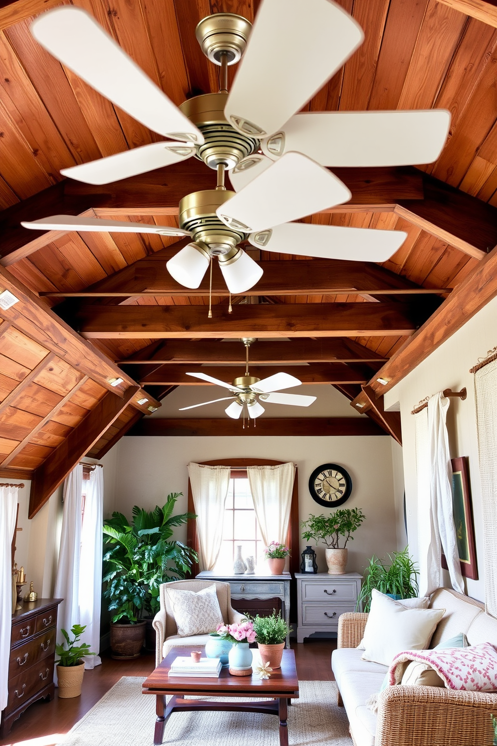 Install ceiling fans for airflow in a cozy summer attic space. The fans are stylishly designed, blending seamlessly with the rustic wooden beams of the ceiling. Summer attic decorating ideas include soft, light-colored textiles that evoke a breezy atmosphere. Incorporate vintage furniture pieces and potted plants to create a welcoming retreat.