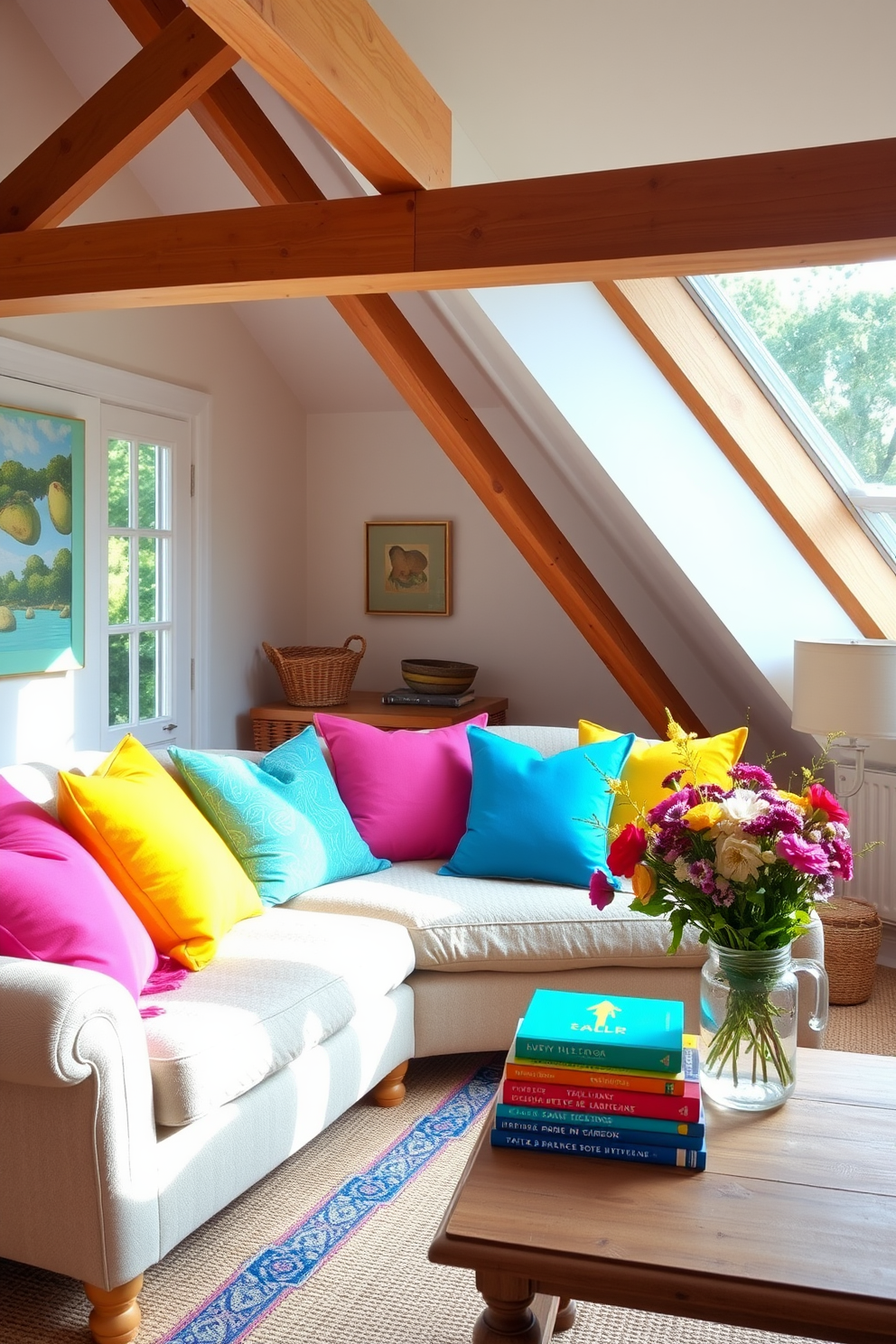 A cozy summer attic setting filled with natural light. The space features a comfortable seating area with a plush sofa adorned with bright throw pillows in vibrant colors. Wooden beams stretch across the ceiling, adding warmth to the atmosphere. A small coffee table sits in front of the sofa, topped with a stack of colorful books and a fresh vase of seasonal flowers.