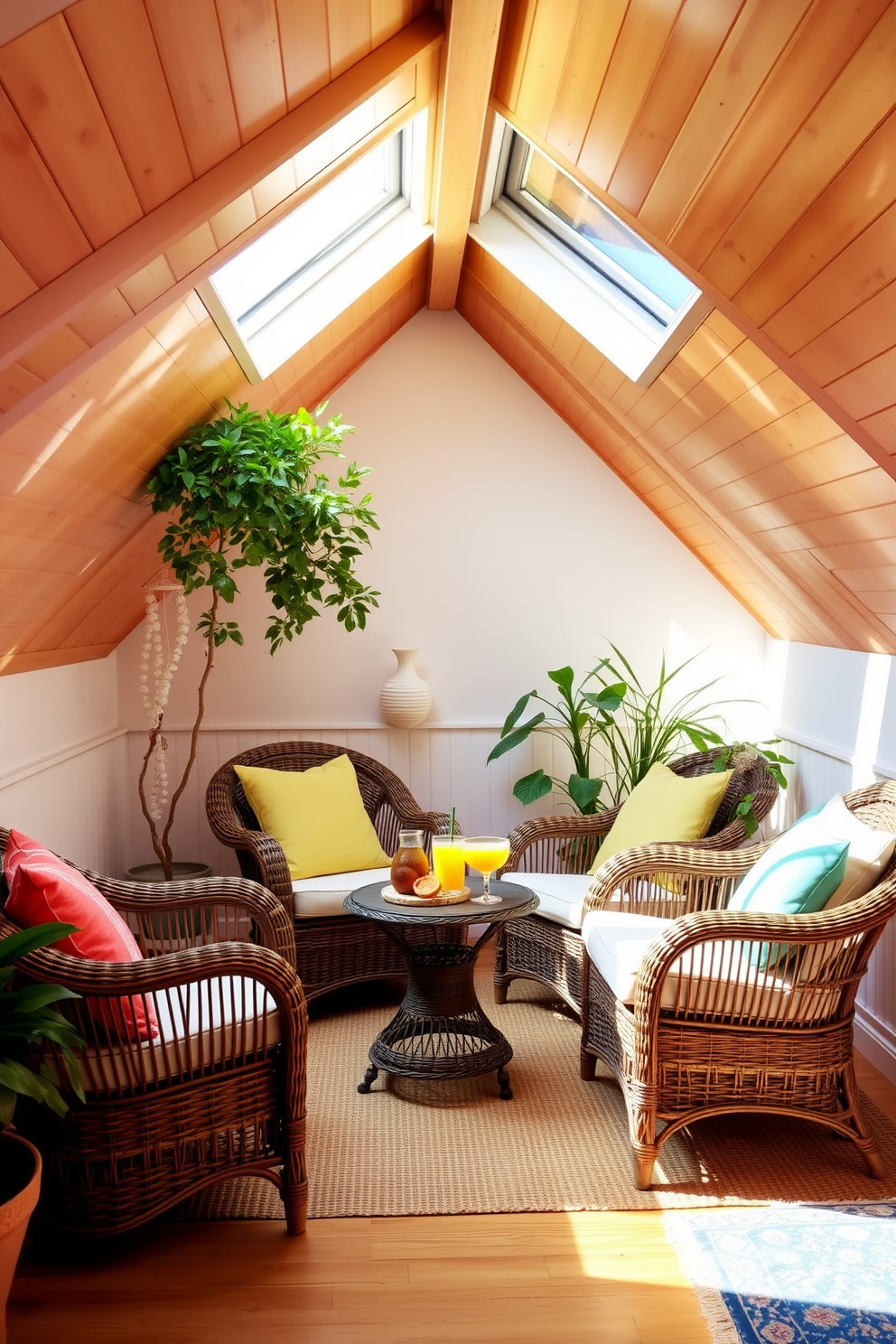 A cozy summer attic space features wicker furniture arranged for relaxation and socializing. Soft cushions in bright colors adorn the wicker chairs, while a small round table holds refreshing drinks and snacks. Natural light floods the room through skylights, highlighting the warm wood beams of the ceiling. Potted plants in the corners add a touch of greenery, enhancing the summer vibe of the attic.