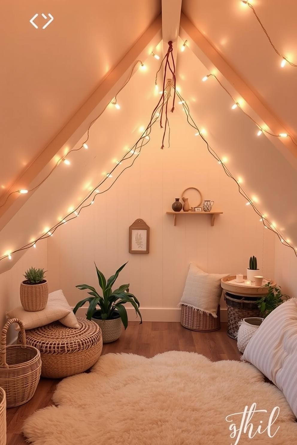 A cozy summer attic space adorned with soft string lights that create a warm and inviting ambiance. The walls are painted in a light pastel hue, and the floor is covered with a plush area rug that adds comfort to the setting.