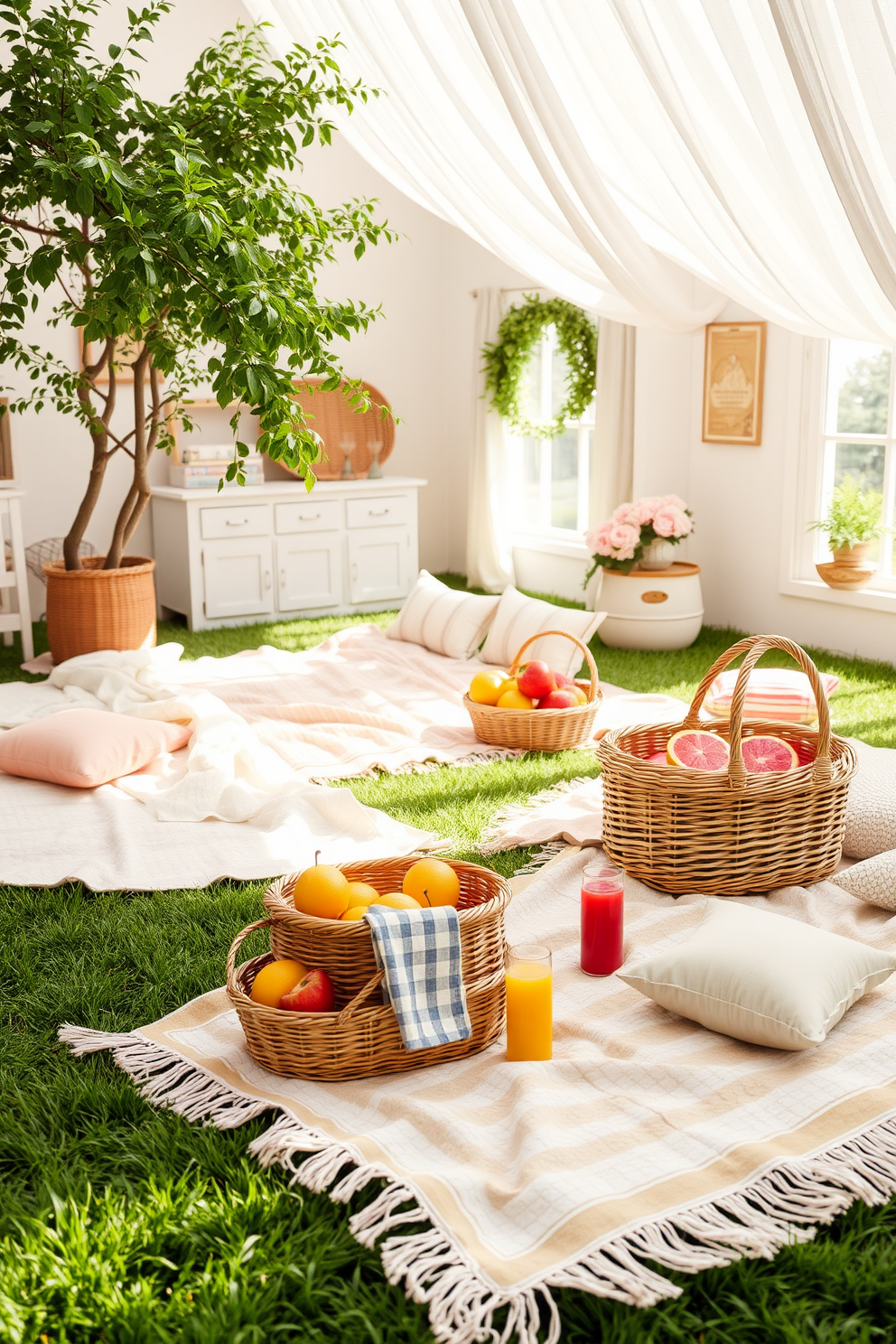 Create a cozy picnic area with soft blankets spread across the grass. Surround the space with colorful cushions and a wicker basket filled with fresh fruits and beverages. Design a charming summer attic with light, airy decor that captures the essence of the season. Incorporate vintage furniture, pastel colors, and plenty of natural light streaming through the windows.