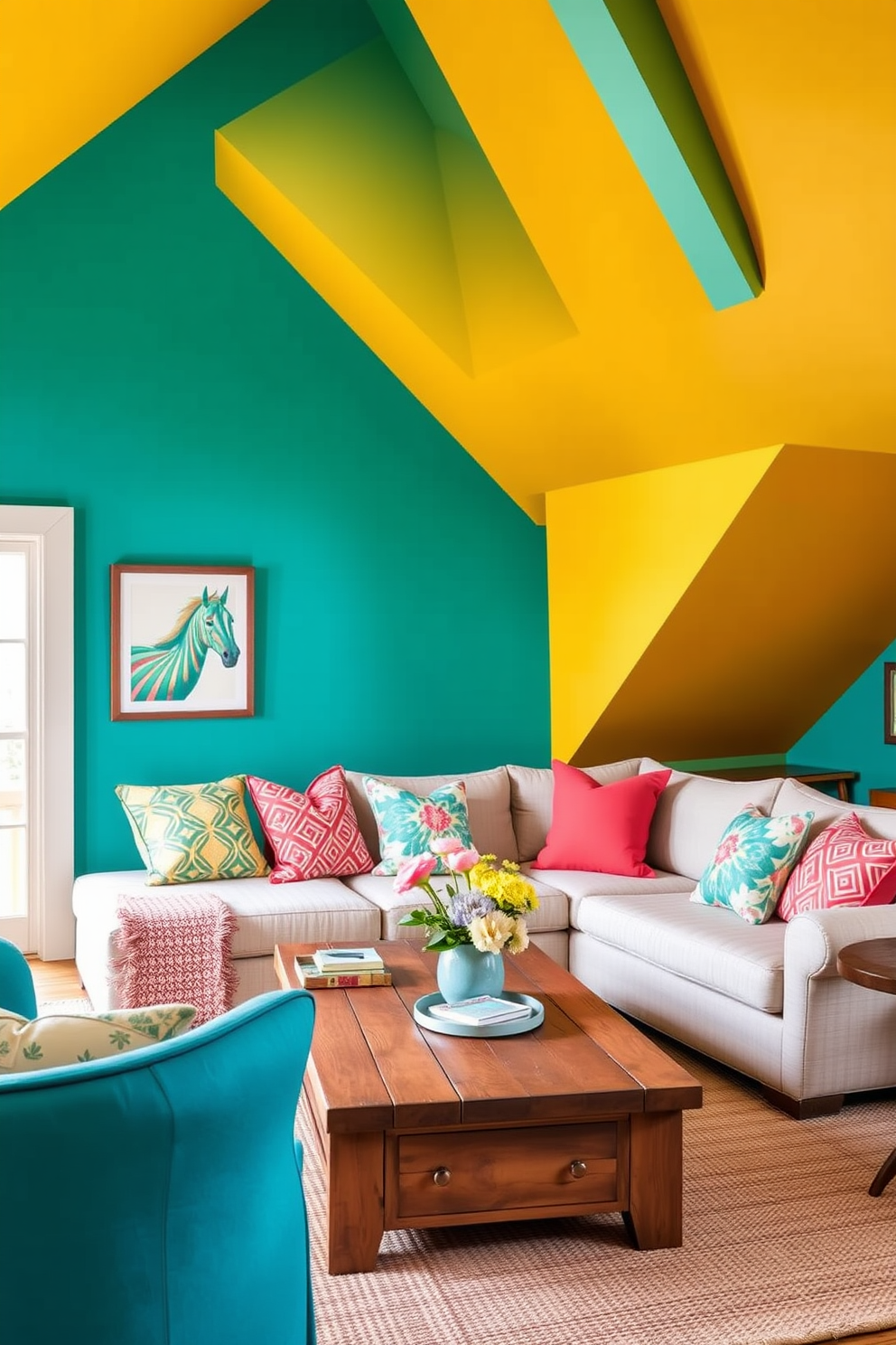 Create a cozy summer attic space with bold accent walls painted in vibrant hues like teal and sunny yellow. Furnish the area with a plush sectional sofa adorned with colorful throw pillows and a rustic wooden coffee table in the center.