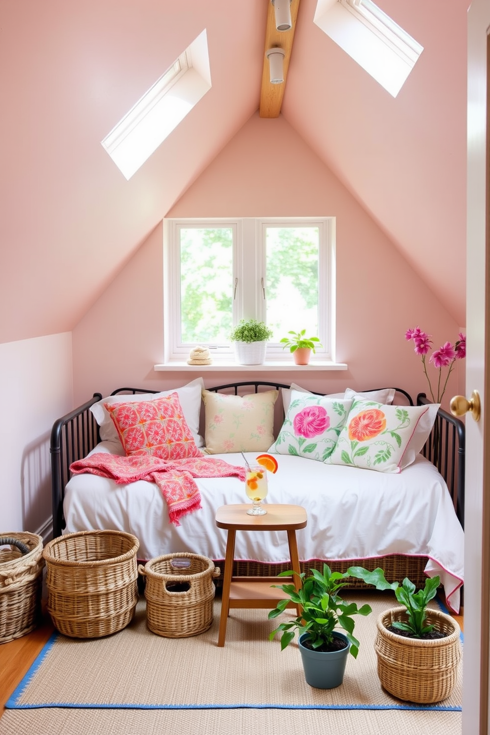 A charming summer attic setting featuring a cozy daybed dressed in light, airy linens. The walls are adorned with soft pastel colors and the space is filled with natural light streaming through skylights. Surrounding the daybed are woven baskets for storage and a small wooden side table holding a refreshing drink. Decorative throw pillows in vibrant patterns add a pop of color, while potted plants bring a touch of nature indoors.