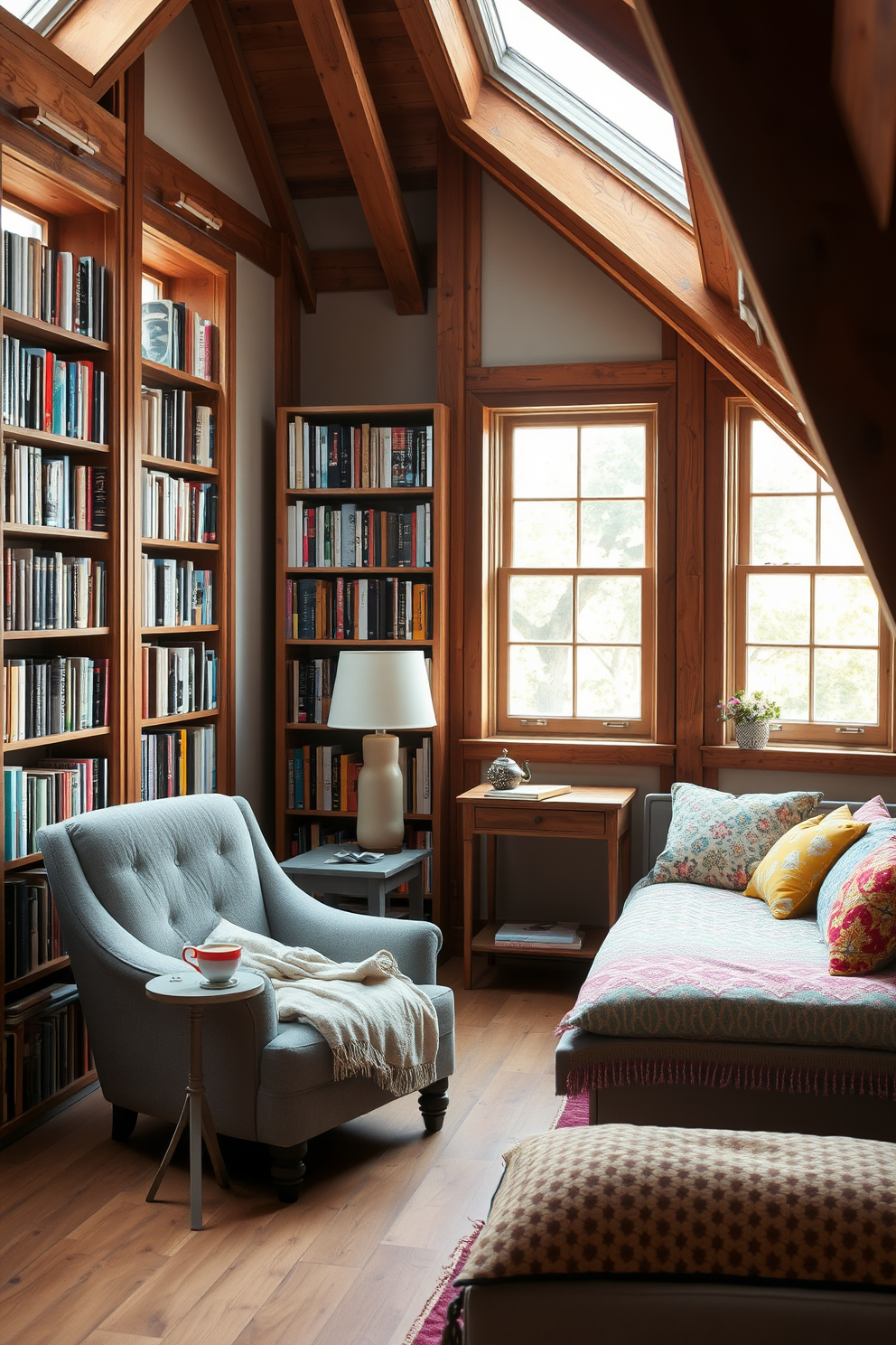 Cozy reading nook with large windows. A plush armchair is positioned near the window, surrounded by tall bookshelves filled with colorful books. Soft natural light floods the space, creating a warm and inviting atmosphere. A small side table holds a steaming cup of tea and a cozy blanket draped over the armchair. Summer attic decorating ideas. The attic features exposed wooden beams and is filled with light from skylights. A comfortable daybed is adorned with bright, patterned cushions, and a small desk in the corner is perfect for writing or crafting.