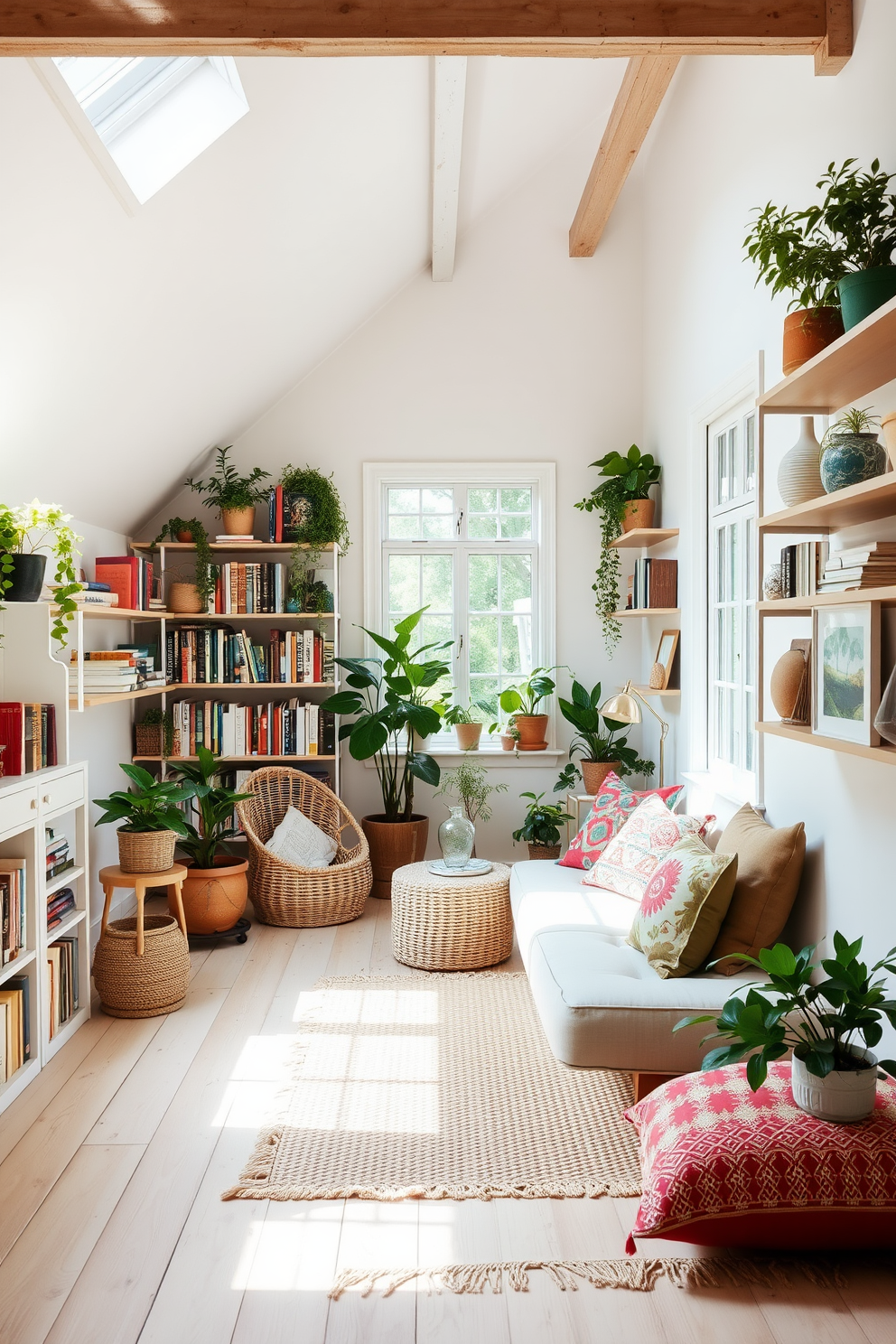 A bright and airy summer attic space filled with natural light. Open shelving lines the walls, showcasing a curated collection of vintage books, potted plants, and decorative objects. The floor is adorned with a light-colored wooden finish that enhances the cozy atmosphere. Soft textiles like a woven rug and colorful throw pillows add warmth and comfort to the seating area.