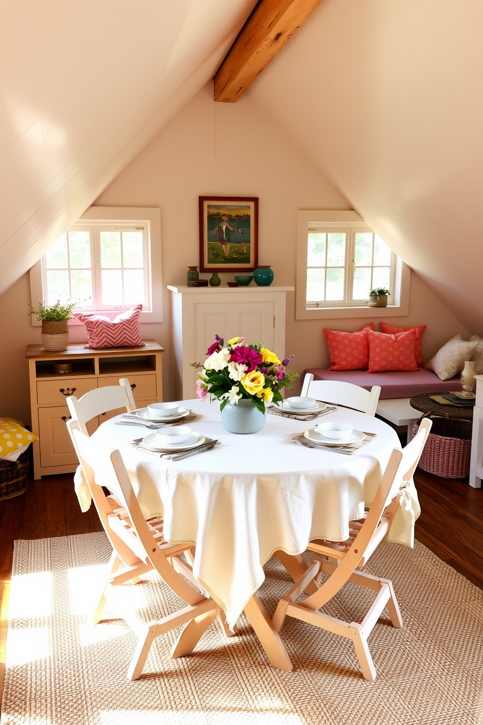 A cozy dining area featuring a foldable table that can accommodate four chairs. The table is set with a light linen tablecloth and a centerpiece of fresh flowers, creating an inviting atmosphere. The attic is decorated with summer-inspired accents, including bright throw pillows and a woven rug. Soft, natural light filters through the windows, highlighting the playful decor and creating a warm, airy feel.